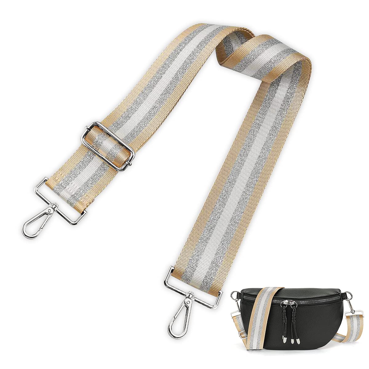 Taschengurt, Taschengurte zum Wechseln, Schultergurt für Taschen Breit Taschengurt mit Längenverstellbarer 75-135cm Schulterriemen für Damen Herren (Beige Silber, 3.8cm) von ONEMAJI