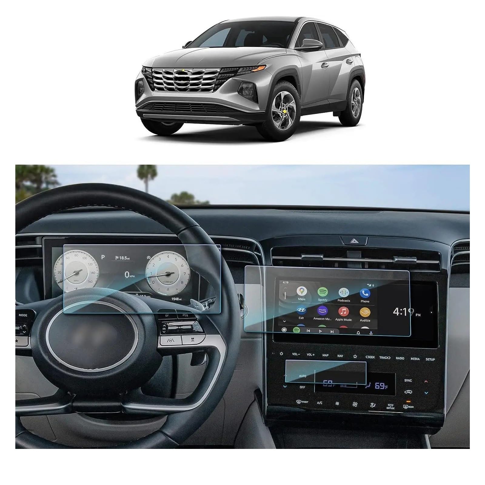 Für Hyundai Für Tucson NX4 2021 2022 2023 10,25 Zoll LCD Autoradio GPS Navigation Gehärtetes Glas Und Armaturenbrett-Bildschirm Filmschutz Navigation Glas Displayschutzfolie von ONETREND