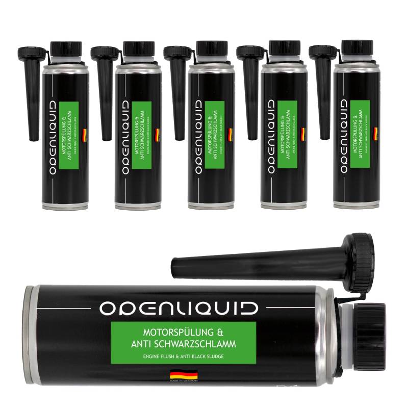 OPENLIQUID Motorspülung & Anti Schwarzschlamm - Motor Reiniger Additiv für Auto - vor dem Ölwechsel - Benzin- Gas- & Dieselmotoren - gegen Schlamm & Ablagerungen an Kolbenringen (6X 300 ml) von OPENLIQUID