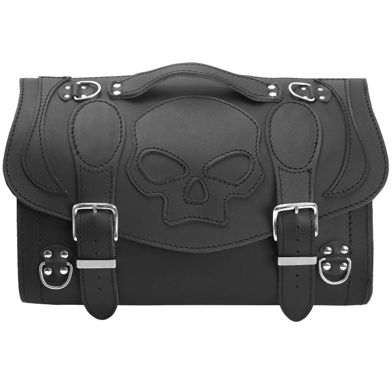 ORLETANOS Devil Skull schwarz Gepäckkoffer kompatibel mit Harley Davidson XS Sissybar Koffer Rolle Roller Vespa Moped Motorrad HD Lederkoffer Gepäckträger Heckkoffer Chopper Custom schwarz von ORLETANOS