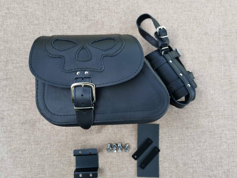 ORLETANOS Sporty Skull Black + Halterung kompatibel mit Harley Davidson Schwingentasche Sportster Sporty Iron Forty Eight Superlow XL HD Ledertasche Satteltasche von ORLETANOS