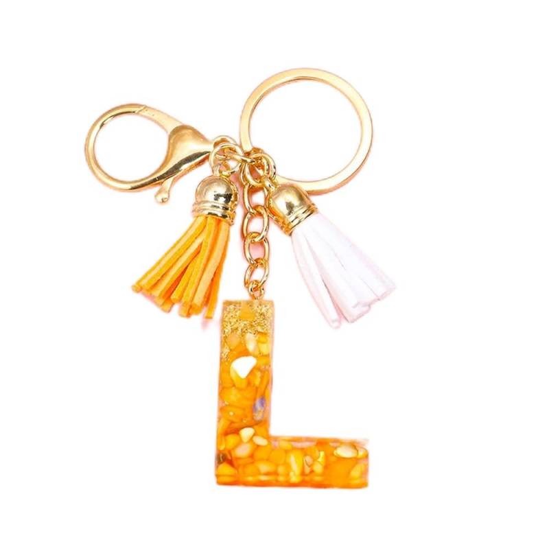 Schlüsselanhänger Orange Quaste Goldfolie 26 Buchstaben Anhänger Schlüsselanhänger für Frauen Harz Schlüsselanhänger Charms Mädchen Tasche Zubehör Geschenke von OSOLVE