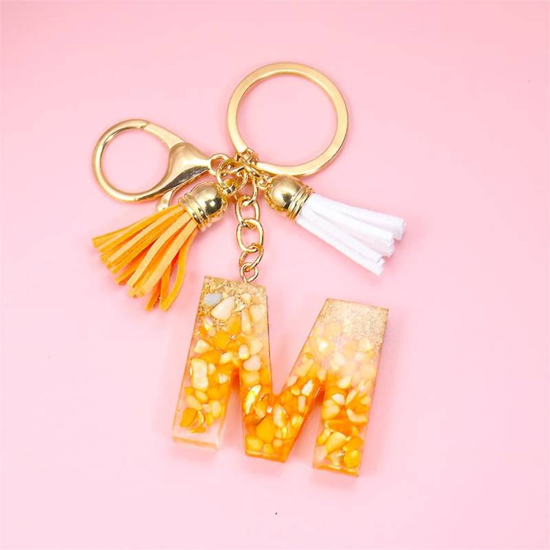 Schlüsselanhänger Orange Quaste Goldfolie 26 Buchstaben Anhänger Schlüsselanhänger für Frauen Harz Schlüsselanhänger Charms Mädchen Tasche Zubehör Geschenke von OSOLVE