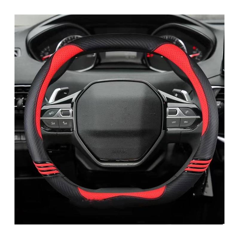 Auto Lenkrad Abdeckung Carbon Faser + PU Leder Mode Nicht-Slip Für Peugeot 208 E208 2020 2021 2022 Auto Zubehör(Rot) von OTBEHUWJ