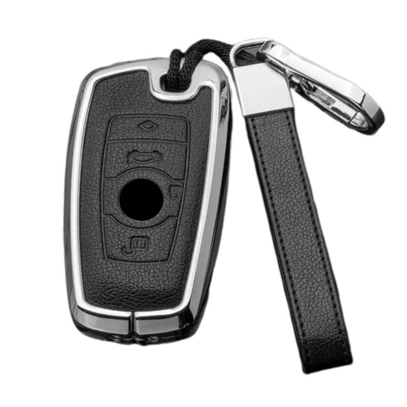 OTMIK Echtes Leder Zinklegierung Autoschlüsselhalter Kompatibel mit BMW 1 3 5 7 Serie X1 X3 X4 X5 F10 F15 F16 F20 F30 F18 F25 M3 M4 Remote Autoschlüssel Fall (Schwarz + Silber) von OTMIK