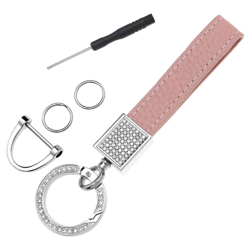 OTOTEC Auto Schlüsselanhänger Leder Strass Glitzer Universal Schlüsselanhänger mit Schlüsselanhänger und Schraubendreher Autozubehör für Frauen, Rosa, 11.3cm von OTOTEC