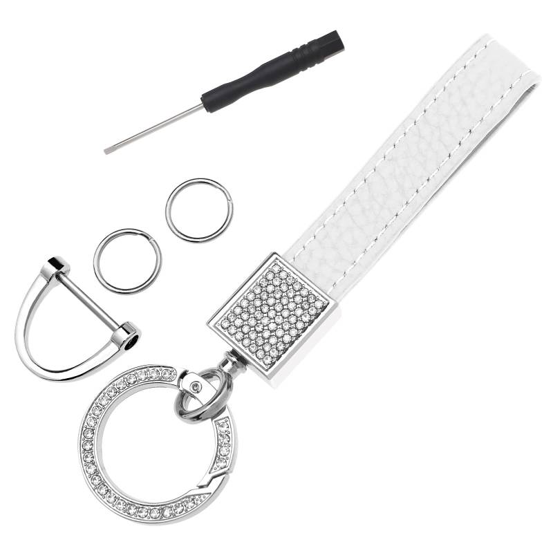 OTOTEC Auto Schlüsselanhänger Leder Strass Glitzer Universal Schlüsselanhänger mit Schlüsselanhänger und Schraubendreher Autozubehör für Frauen, Weiß, 11.3cm von OTOTEC