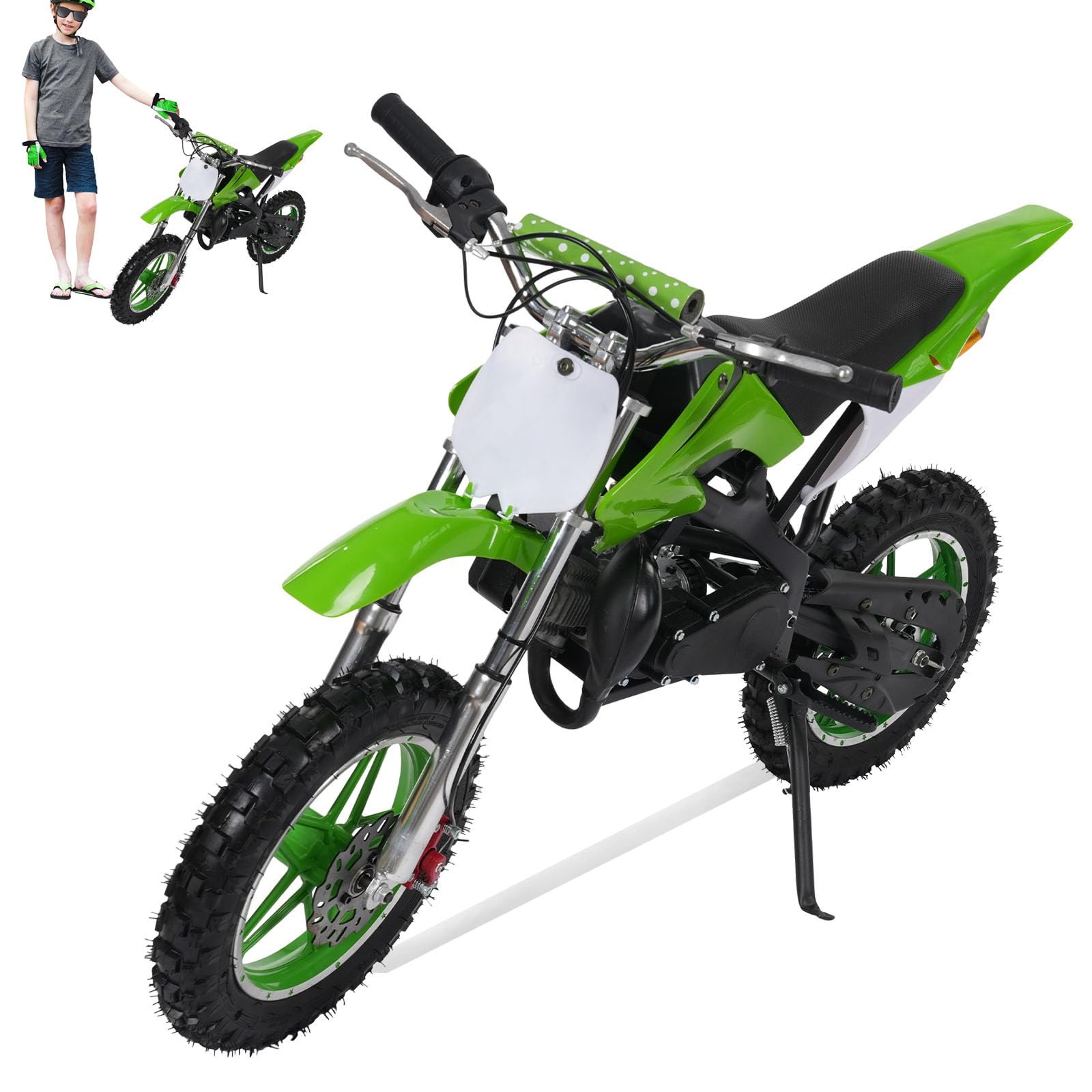 OUBUBY 49ccm Dirt Bike Dirtbike CrossBike Kinder Enduro DirtBike pocket 49cc 2 Takt Pitbike PocketBike Motocross Motorrad 10 Zoll Luftreifen Moto Cross für Kinder von 6-17 Jahrenb (Grün, 10 Zoll) von OUBUBY