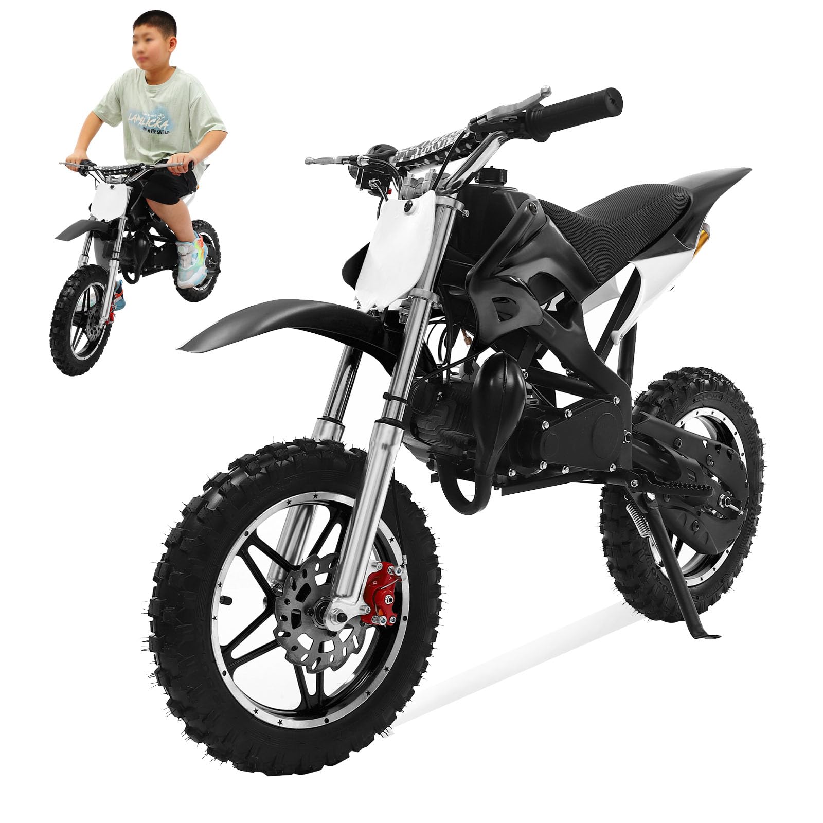 OUBUBY 49ccm Dirt Bike Dirtbike CrossBike Kinder Enduro DirtBike pocket 49cc 2 Takt Pitbike PocketBike Motocross Motorrad 10 Zoll Luftreifen Moto Cross für Kinder von 6-17 Jahrenb (Schwarz, 10 Zoll) von OUBUBY