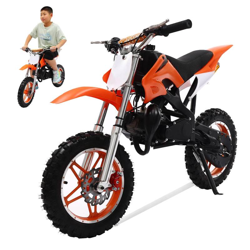 OUBUBY 49ccm Dirt Bike Dirtbike CrossBike Kinder Enduro DirtBike pocket 49cc 2 Takt Pitbike PocketBike Motocross Motorrad 8 Zoll Luftreifen Moto Cross für Kinder von 6-17 Jahrenb (Orange, 10 Zoll) von OUBUBY