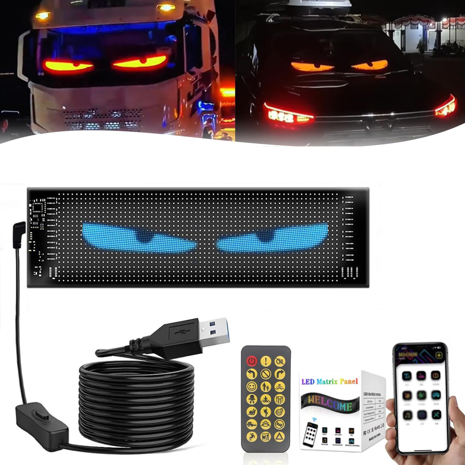 OUGEHOT Bunte Augenlampe Soft Screen Für Autofenster, LED Augen Für Autofenster, DIY Auto Dynamische LED Smart Bunte Augenlampe Soft Screen, Mit App-Fernbedienung (2,8 * 6,8 Zoll) von OUGEHOT