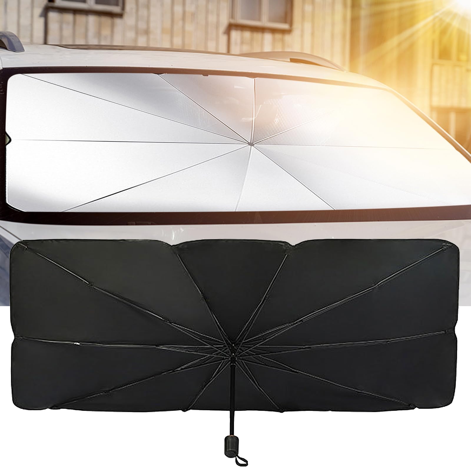 Auto Sonnenschirm,Faltbarer Regenschirm Windschutzscheibe 125 * 65cm,360° Drehbar Sonnenschutz Auto Frontscheibe,Auto Windschutzscheibe Sonnenschutz,Block 99% UV Sonnenschirm,für die Meisten Autos von OUGPIU