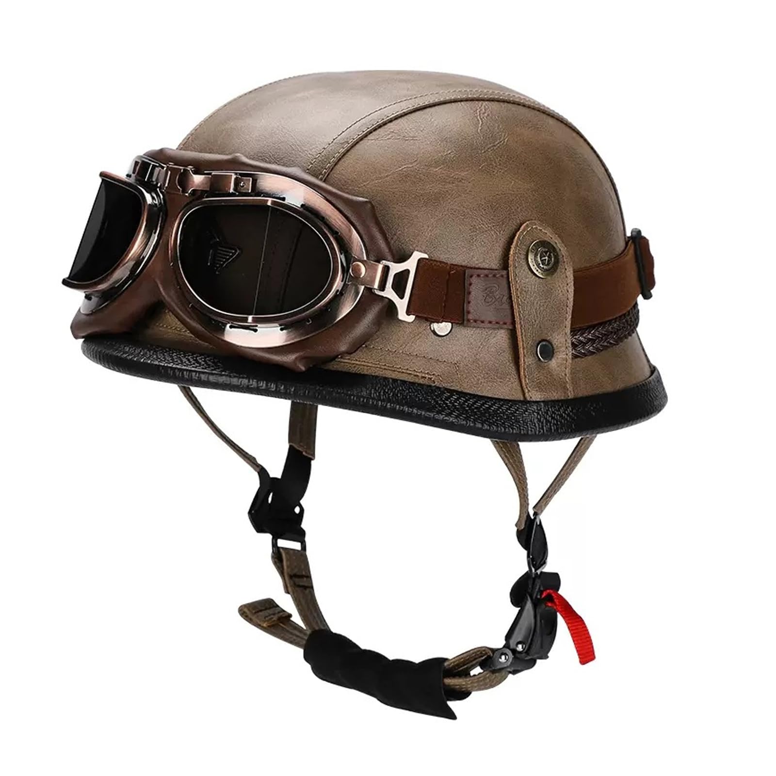 Retro Helm Motorradhelm Lederhelm Halboffenen Helm Vintage Mopedhelm mit Brille Motorradkreuzer-Rollerhelm im Deutschen Stil,Chopper Helm Schnellverschlussschnallen für MäNner Frauen (Braun, L) von OUGPIU