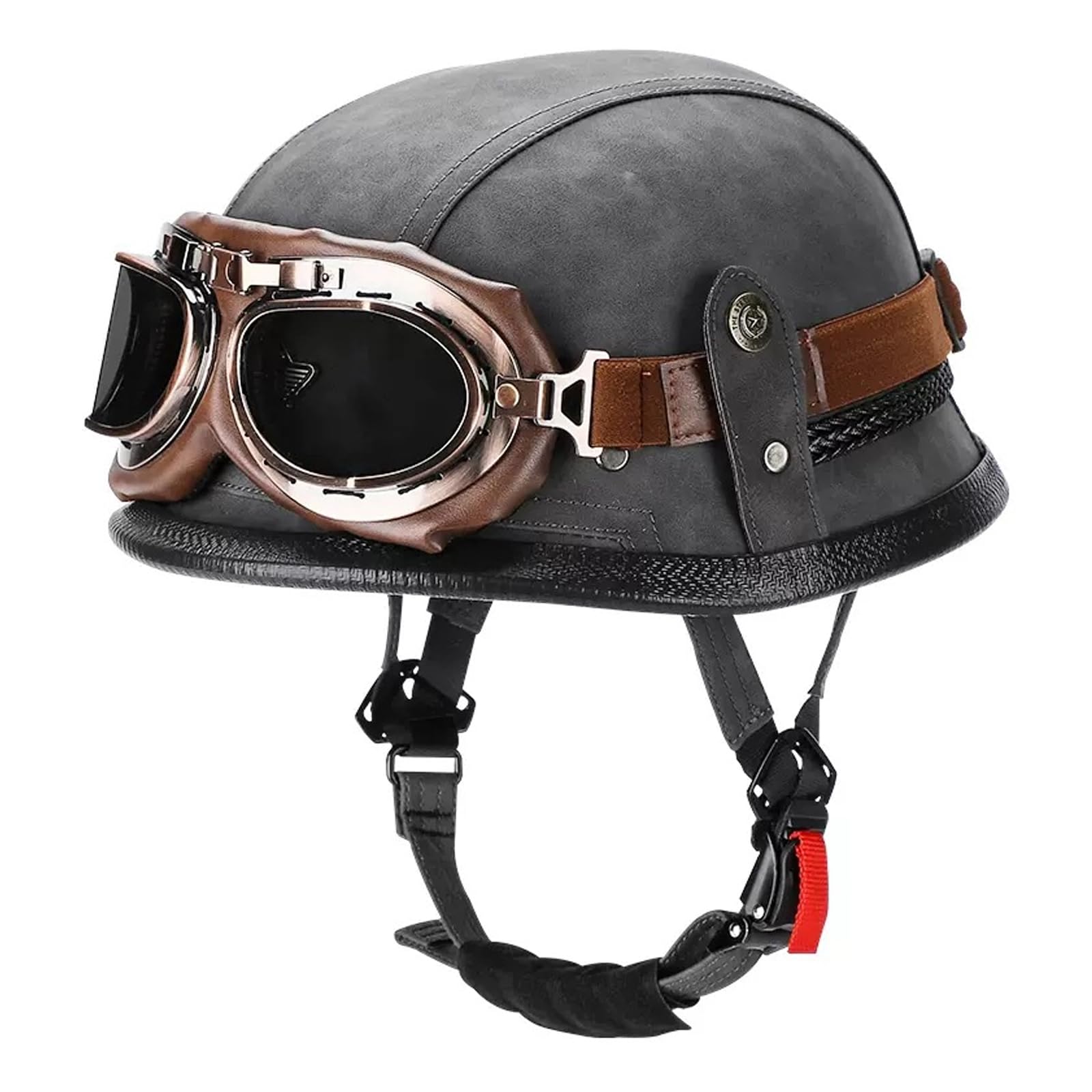 Retro Helm Motorradhelm Lederhelm Halboffenen Helm Vintage Mopedhelm mit Brille Motorradkreuzer-Rollerhelm im Deutschen Stil,Chopper Helm Schnellverschlussschnallen für MäNner Frauen (Grau, L) von OUGPIU