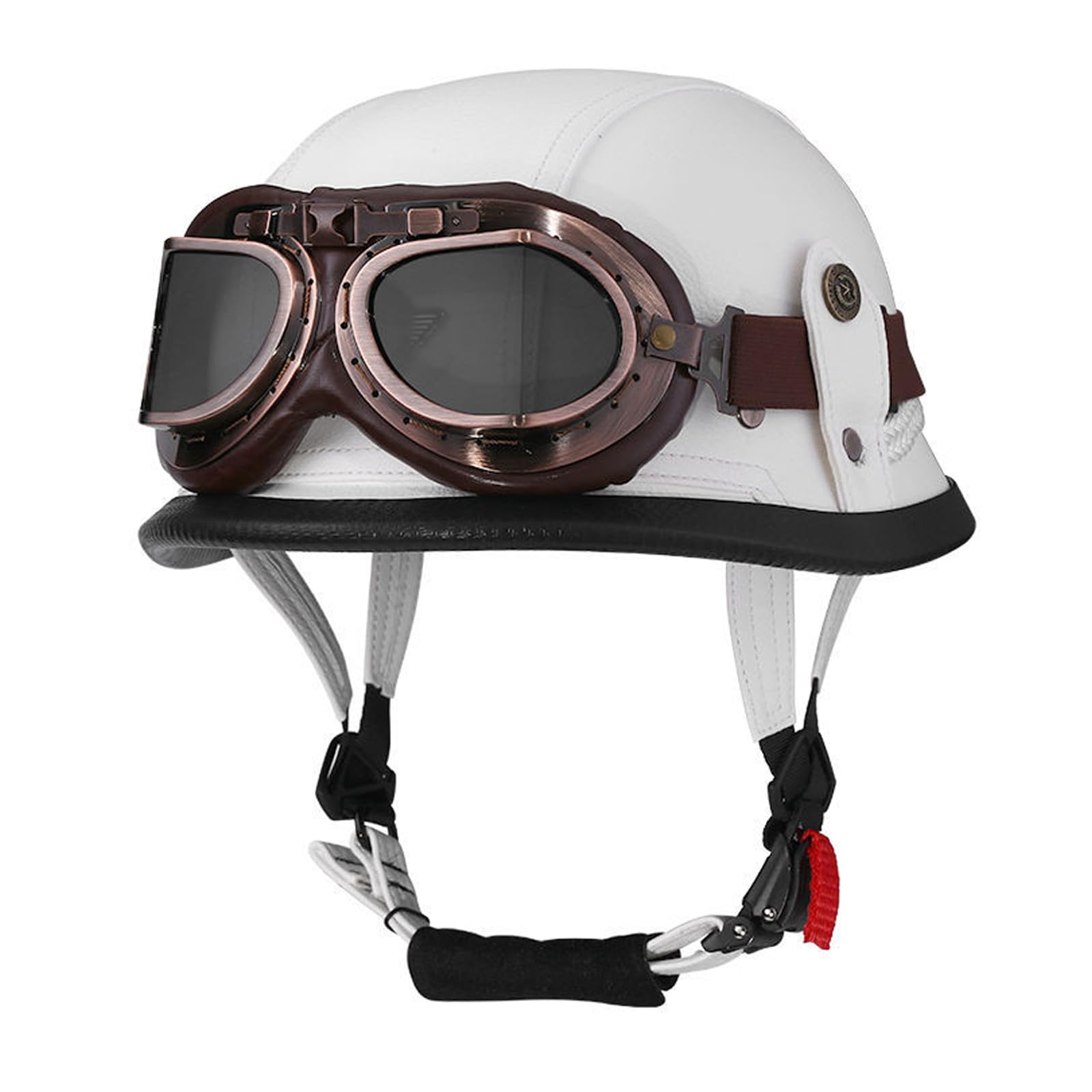 Retro Helm Motorradhelm Lederhelm Halboffenen Helm Vintage Mopedhelm mit Brille Motorradkreuzer-Rollerhelm im Deutschen Stil,Chopper Helm Schnellverschlussschnallen für MäNner Frauen (Weiß, L) von OUGPIU