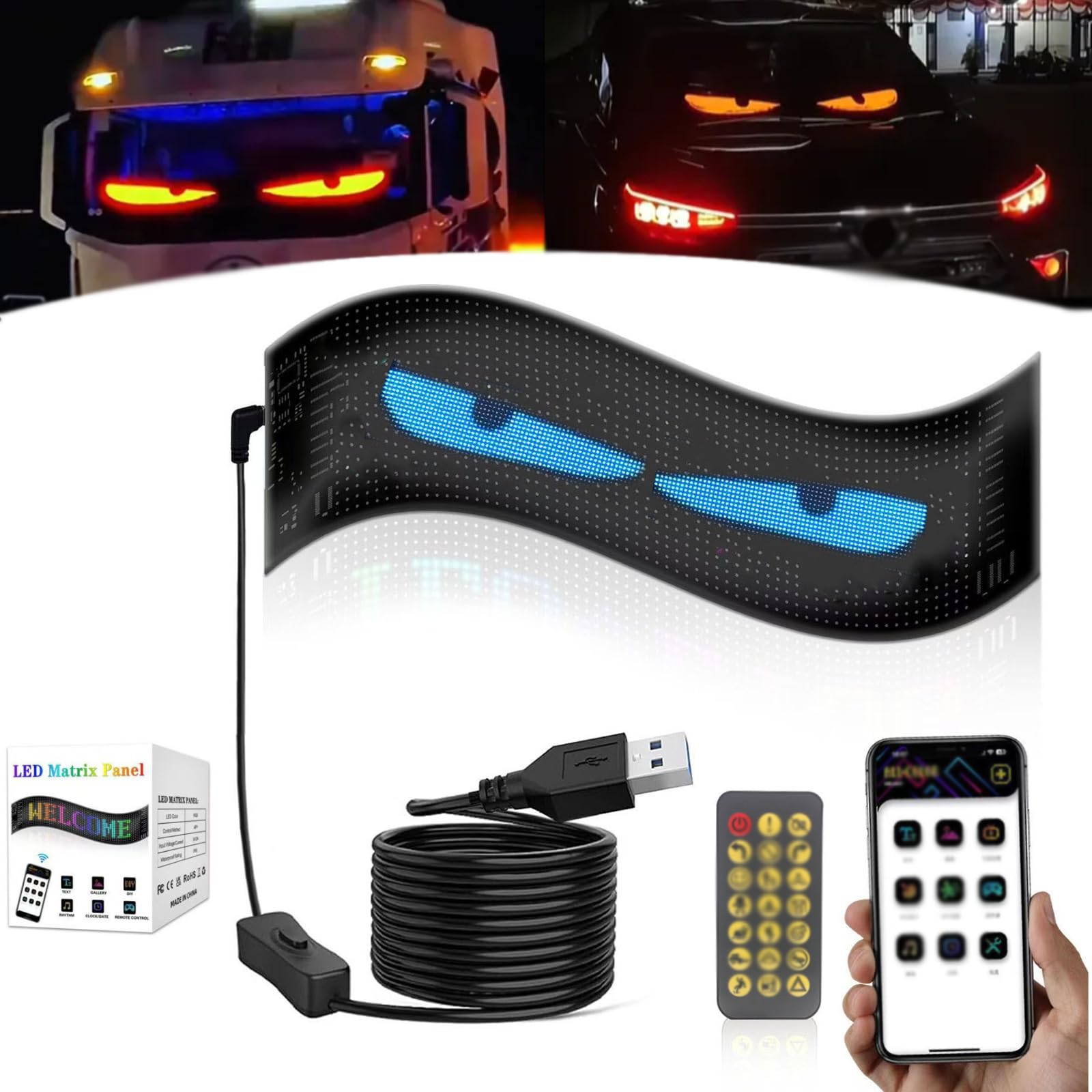 Bunte Augenlampe Soft Screen für Autofenster, LED Augen für Autofenster, DIY Auto dynamische LED Smart bunte Augenlampe Soft Screen, programmierbare flexible Matrix Bildschirm für Auto (102 * 348 mm) von OURBUFAN