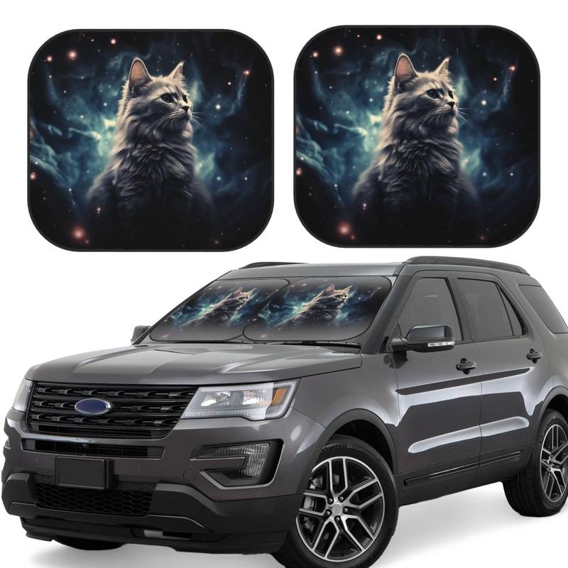 Auto Windschutzscheibe Sonnenschutz 2 Pack Faltbar Auto Frontscheibe Sonnenschutz Cool Sun Blocker für Auto Eine Katze im Nebel Hitze Sonnenblende Schutz Auto Innenraum Sonnenschutz für Limousinen SUV von OUSIKA