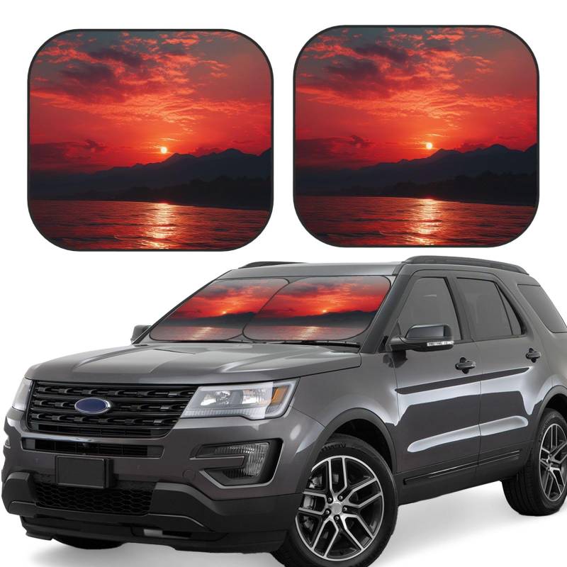 Auto Windschutzscheibe Sonnenschutz 2 Pack Faltbar Auto Frontscheibe Sonnenschutz Cool Sun Blocker für Auto Feury Red Sonnenuntergang Hitze Sonnenblende Schutz Auto Innenraum Sonnenschutz für von OUSIKA