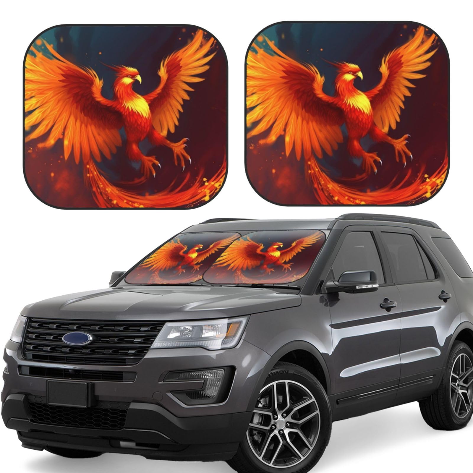 Auto Windschutzscheibe Sonnenschutz 2 Pack Faltbar Auto Frontscheibe Sonnenschutz Cool Sun Blocker für Auto Orange Rot Phoenix Hitze Sonnenblende Schutz Auto Innenraum Sonnenschutz für Limousinen SUV von OUSIKA