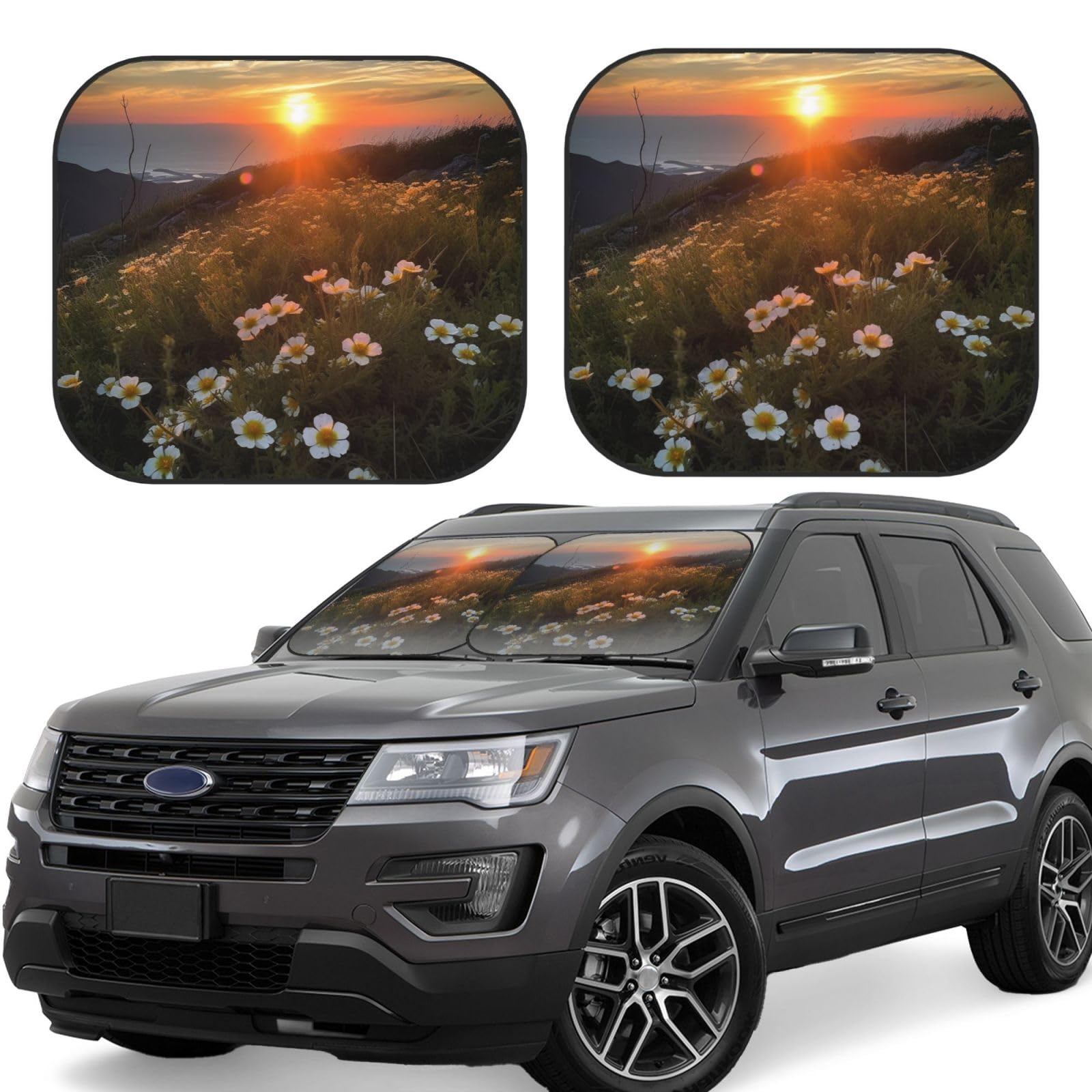 Auto Windschutzscheibe Sonnenschutz 2 Pack Faltbar Auto Frontscheibe Sonnenschutz Cool Sun Blocker für Auto Sonnenuntergang und Blumen Hitze Sonnenblende Schutz Auto Innenraum Sonnenschutz für von OUSIKA