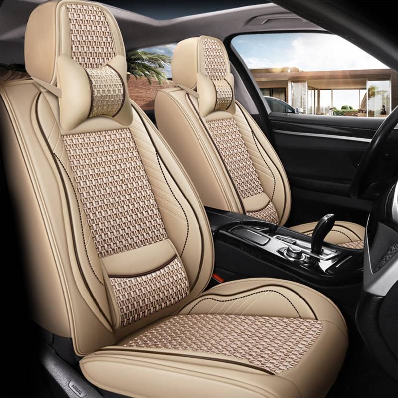 OUSIKA Auto-Schonbezüge für Mercedes B-ENZ B-Class B180 B180d B200 B200d 5 Seats Universal Leather voller Satz wasserdichte Sitzschoner Zubehör Innenraum(Size:Mit Kopfstütze,Color:Beige) von OUSIKA