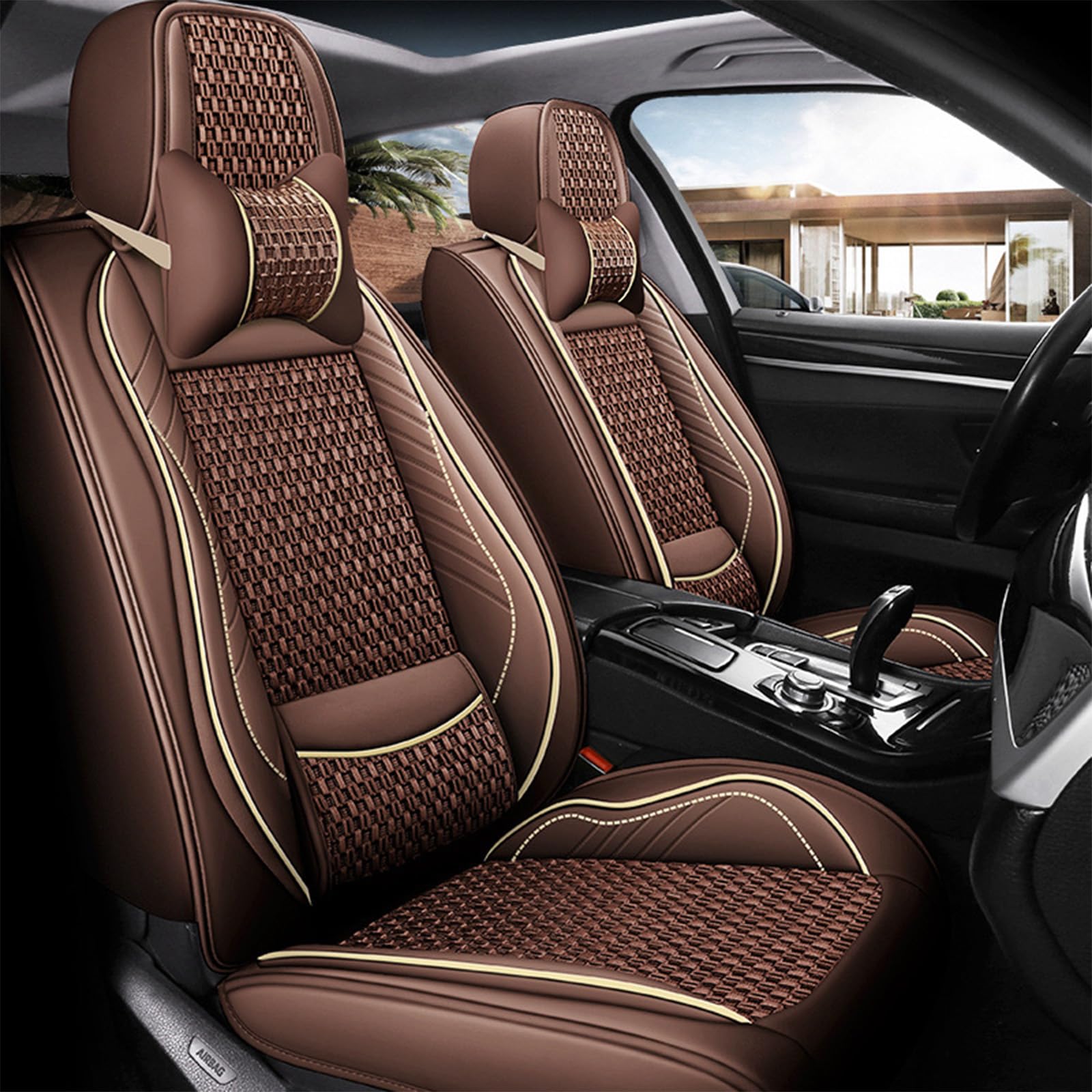 OUSIKA Auto-Schonbezüge für Mercedes B-ENZ B-Class B180 B180d B200 B200d 5 Seats Universal Leather voller Satz wasserdichte Sitzschoner Zubehör Innenraum(Size:Mit Kopfstütze,Color:Braun) von OUSIKA