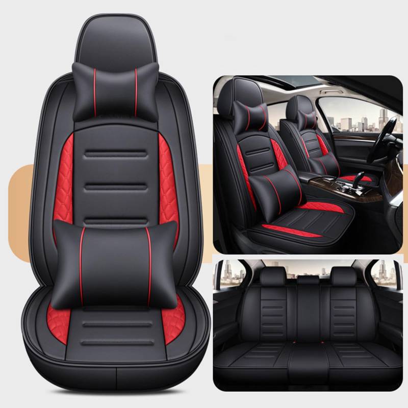 OUSIKA Auto Schonbezüge für VW Taigo SUV 2021 2022 5 sièges Universal Leather voller Satz wasserdichte Sitzschoner Zubehör Innenraum (Size:Mit Kopfstütze und Lordosenstütze,Color:schwarz rot) von OUSIKA