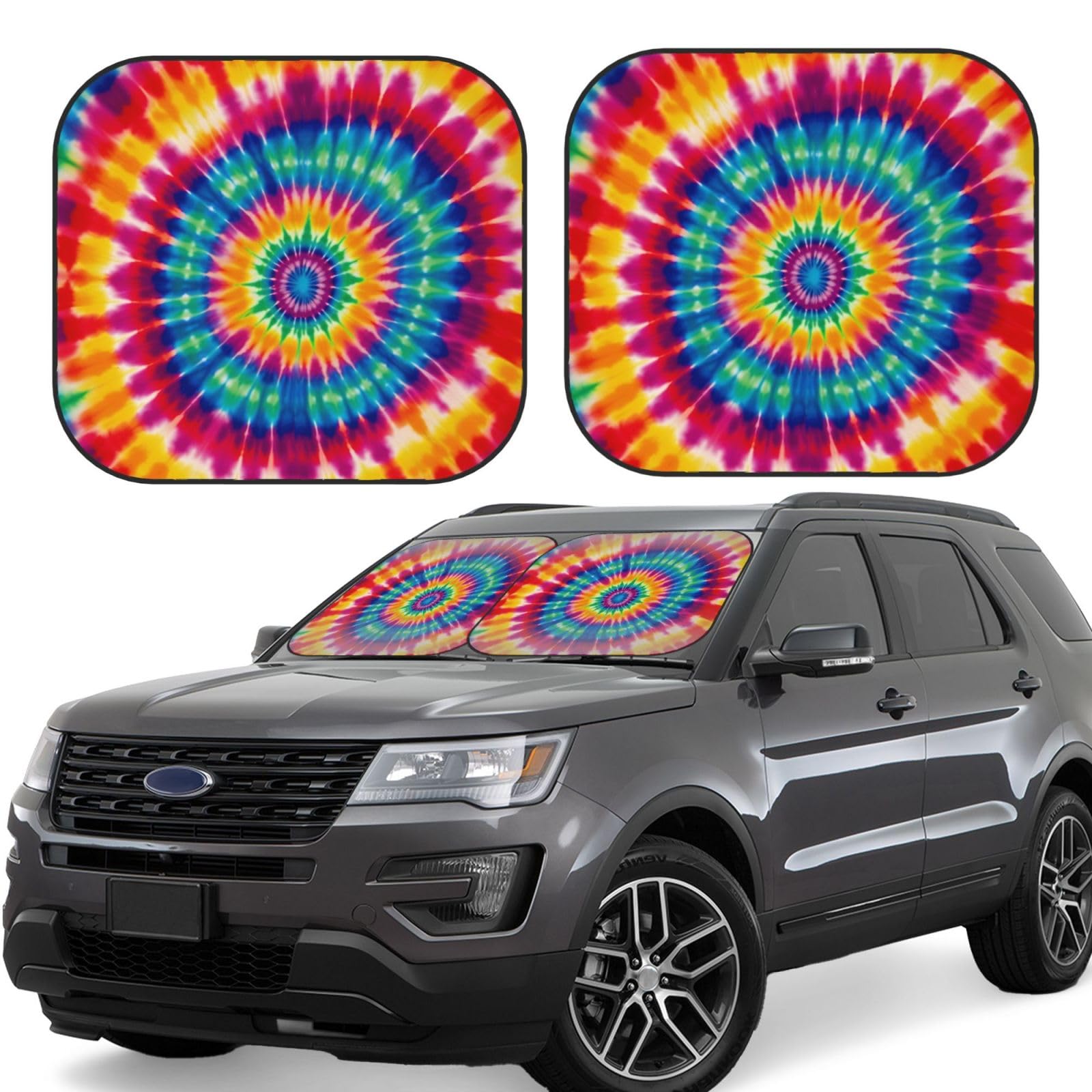 OUSIKA Auto Windschutzscheibe Sonnenschutz 2 Pack Faltbar Auto Frontscheibe Sonnenschutz Cool Sun Blocker für Auto Tie Dye Muster Hitze Sonnenblende Schutz Auto Innenraum Sonnenschutz für Limousinen von OUSIKA