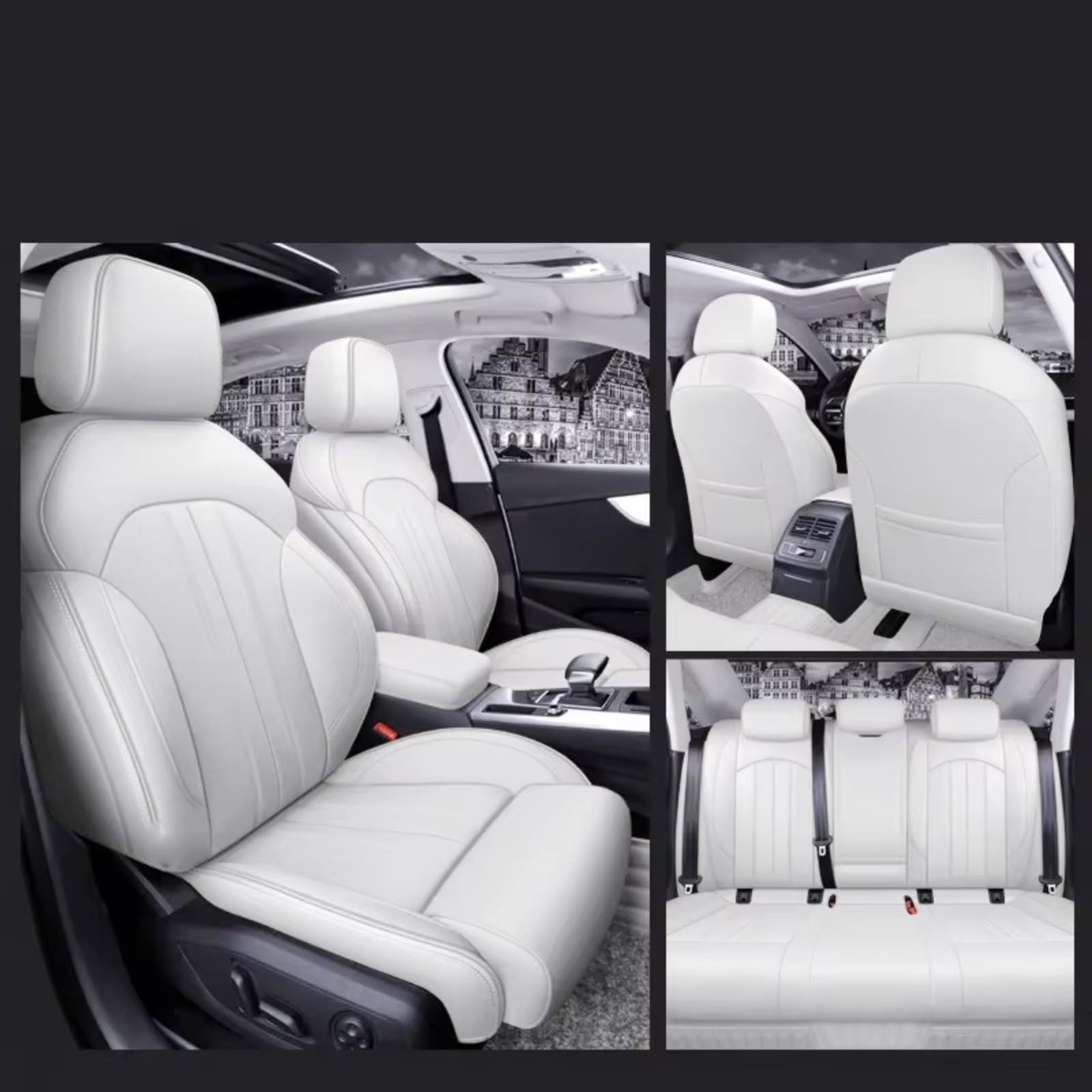 OUVECR Sitzbezüge Auto Für A4 A6 A3 Q5 Q7 TT A7 Q3 Autositzbezüge Kompletter Satz Mittelperforiert Echtes Leder Auto Sitzbezüge(F Pure White) von OUVECR