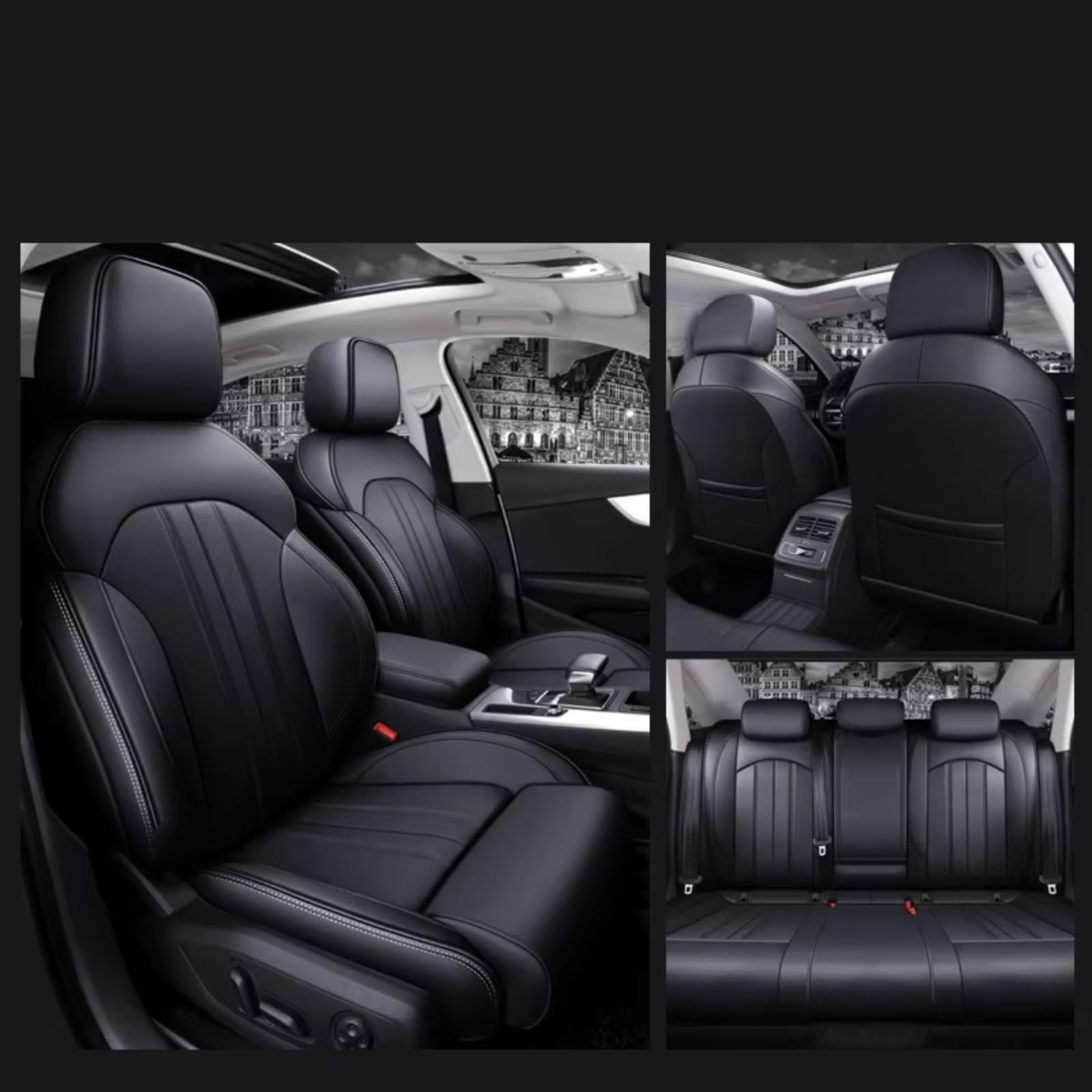 OUVECR Sitzbezüge Auto Für A4 A6 A3 Q5 Q7 TT A7 Q3 Autositzbezüge Kompletter Satz Mittelperforiert Echtes Leder Auto Sitzbezüge(H Black) von OUVECR