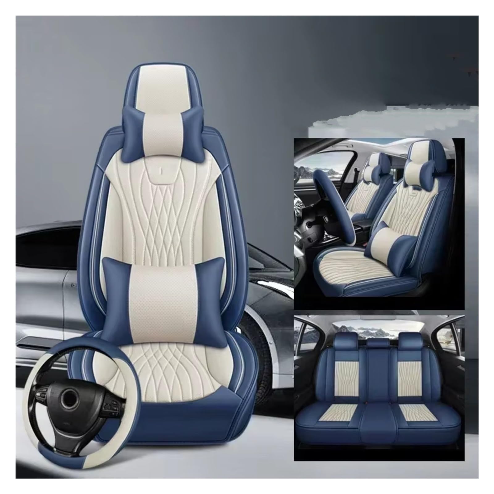 OUVECR Sitzbezüge Auto Für Cadillac Für Cts Für ATS CT6 Für XTS Für Escallade XT5 Für SRX Für DTS Vollständige Abdeckung Pu Leder Auto Sitz Abdeckung Auto Sitzbezüge(J Blue White 5 Seat) von OUVECR