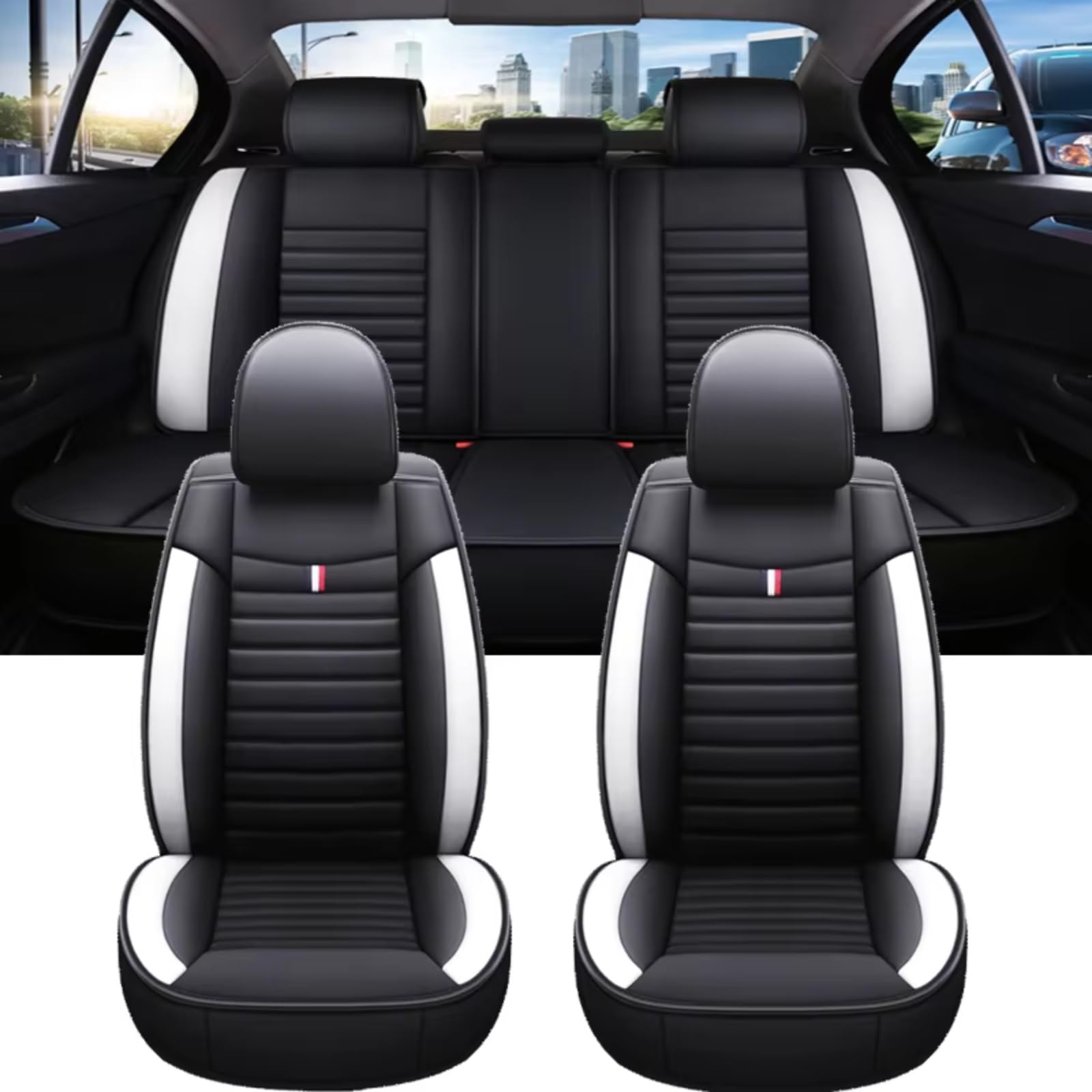 OUVECR Sitzbezüge Auto Für G20 Universal Autositzbezug Autozubehör Innendetails Alle Automodelle Auto Sitzbezüge(E Black White 5 Seat) von OUVECR