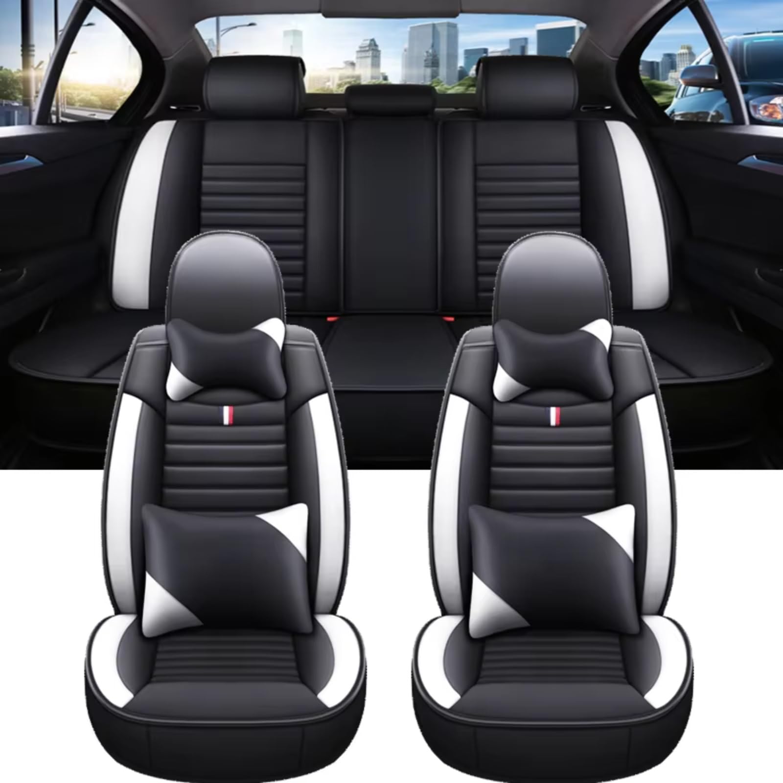 OUVECR Sitzbezüge Auto Für Kia Für Rio Universal Auto Sitzbezug Auto Zubehör Innen Details Alle Auto Modell Auto Sitzbezüge(I Black White 5 Seat) von OUVECR