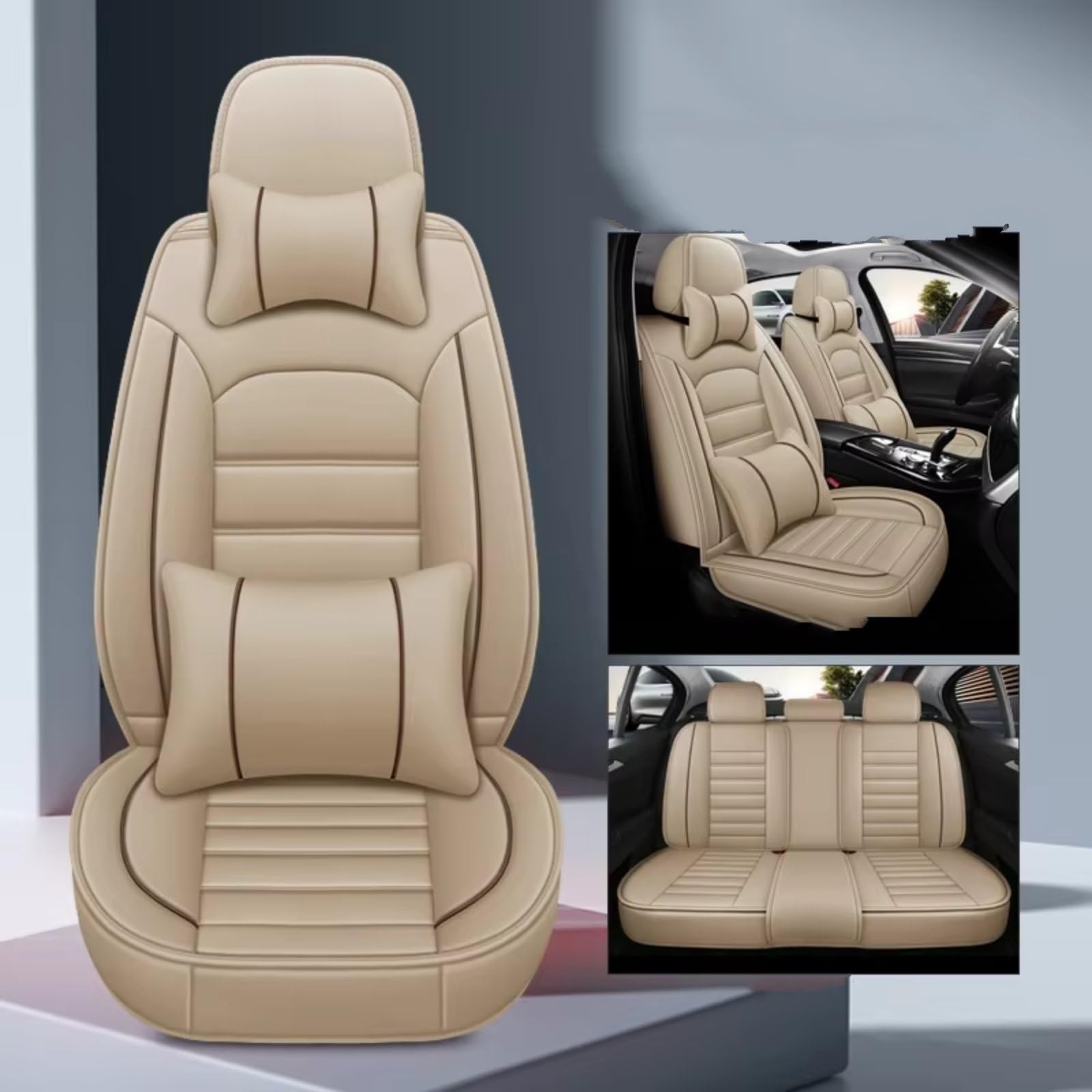 OUVECR Sitzbezüge Auto Für Serie A4 B6 B7 B8 B9 B6L BE2 BH7 BKH Details Für Autoinnenraum, Sitzschutz-Stil, Autositzbezug Auto Sitzbezüge(K Beige 5seat) von OUVECR