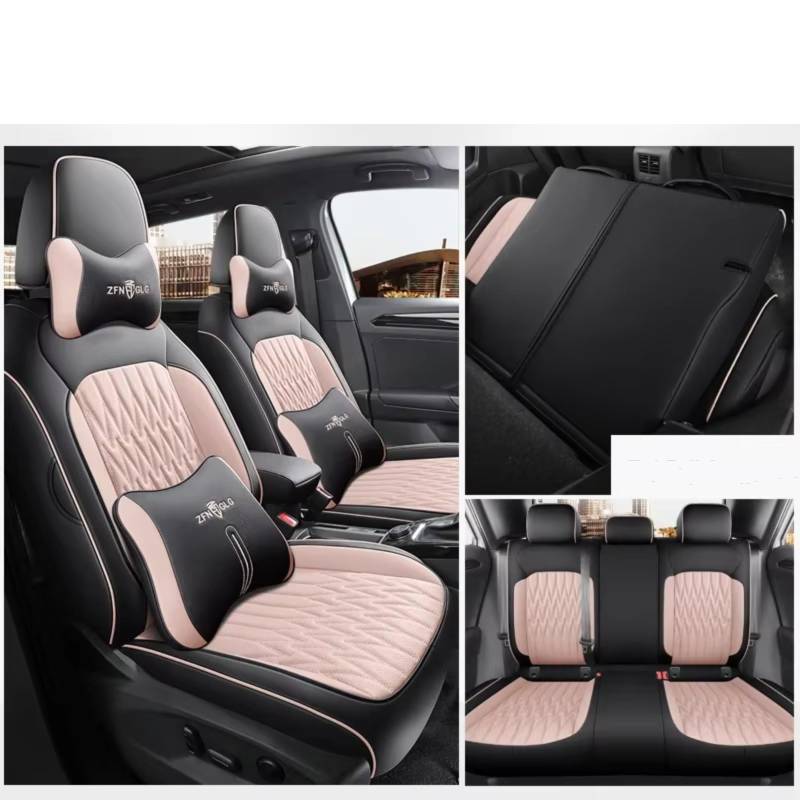 Sitzbezüge Auto Für Volkswagen Für T-ROC Mit Vorne Und Hinten Komplettset 5 Sitze Autozubehör Sitzbezüge Leder PU Auto Sitzbezüge(Luxury Black Pink) von OUVECR