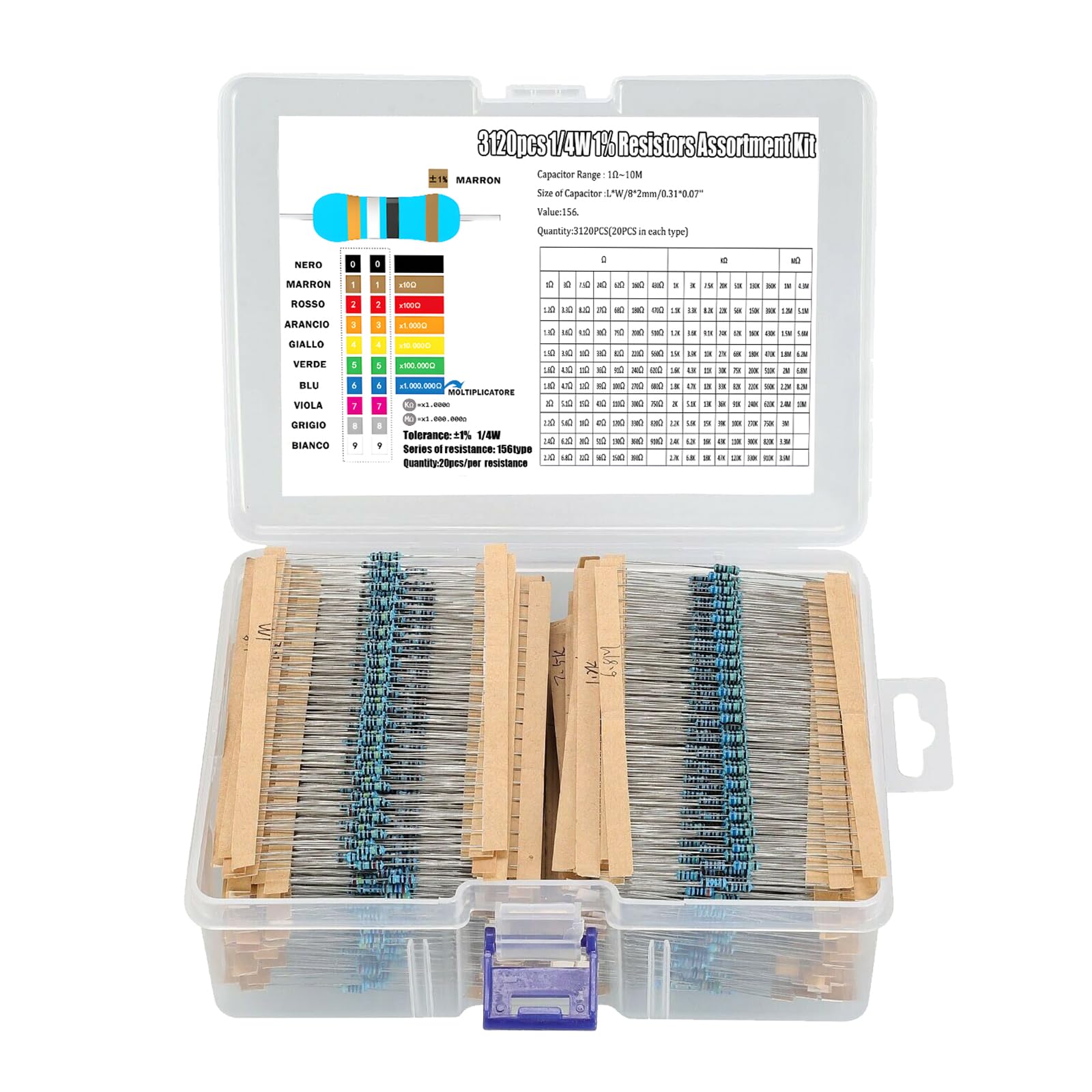 Widerstand Sortiment 156 Werte 3120 StüCk WiderstäNde 1 Ohm - 10M Ohm 1/4W Carbon Film Widerstand Kit von OUYANG