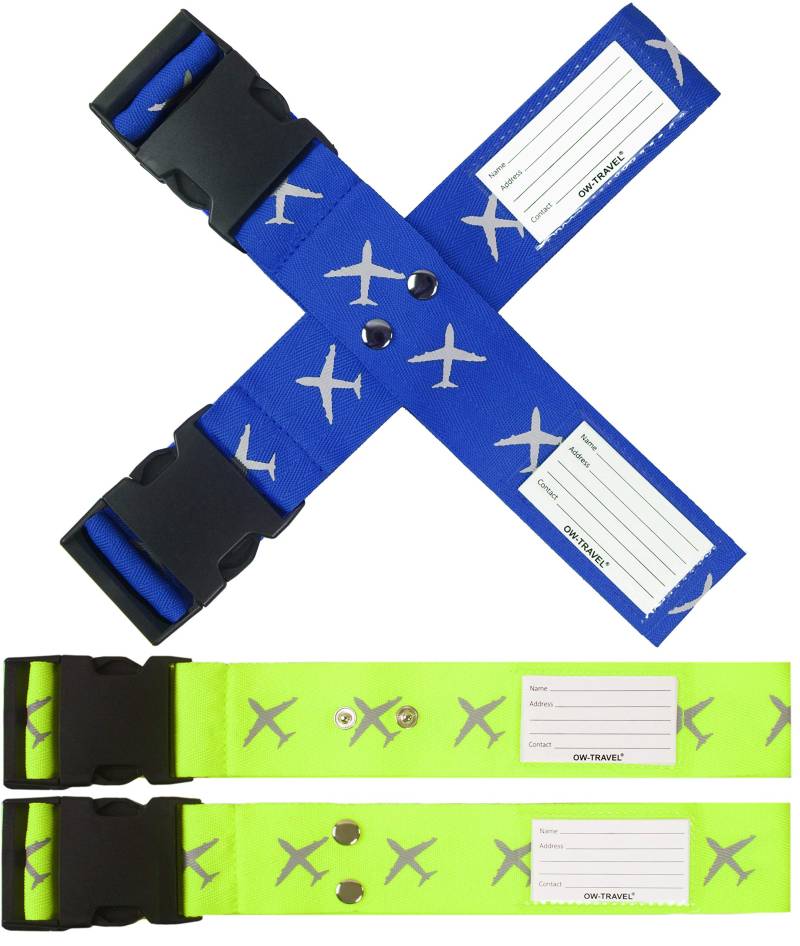 OW Travel Kofferband Gurt Kreuz Schwerlast Personalisierter Koffergurt Kreuz mit Adressschild: Luggage Strap Koffer Gurte Gepäckgurt Koffer Gurt Koffer Band Farbig Koffergurte 2 Stück Blau Gelb von OW-Travel