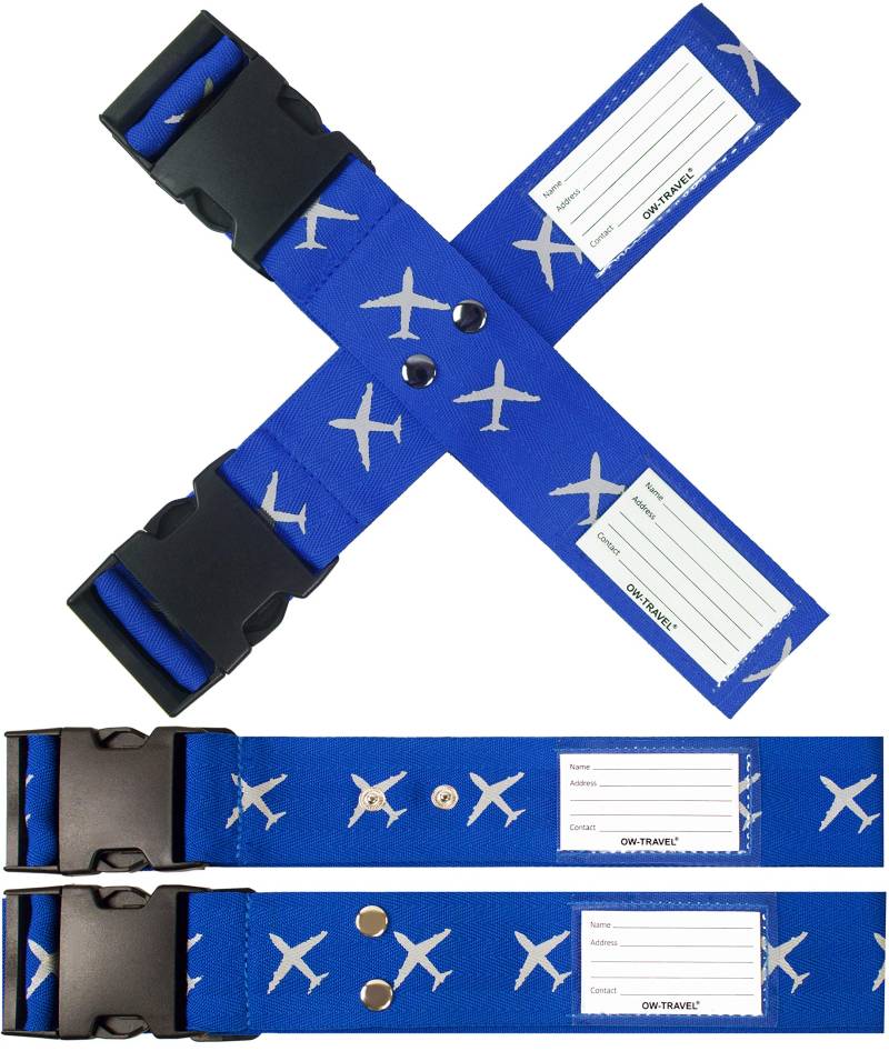 OW-Travel Kofferband Gurt Kreuz Schwerlast Personalisierter Koffergurt Kreuz mit Adressschild: Luggage Strap Koffer Gurte Gepäckgurt Koffer Gurt Koffer Band Farbig Koffergurte 2 Stück Blau von OW-Travel