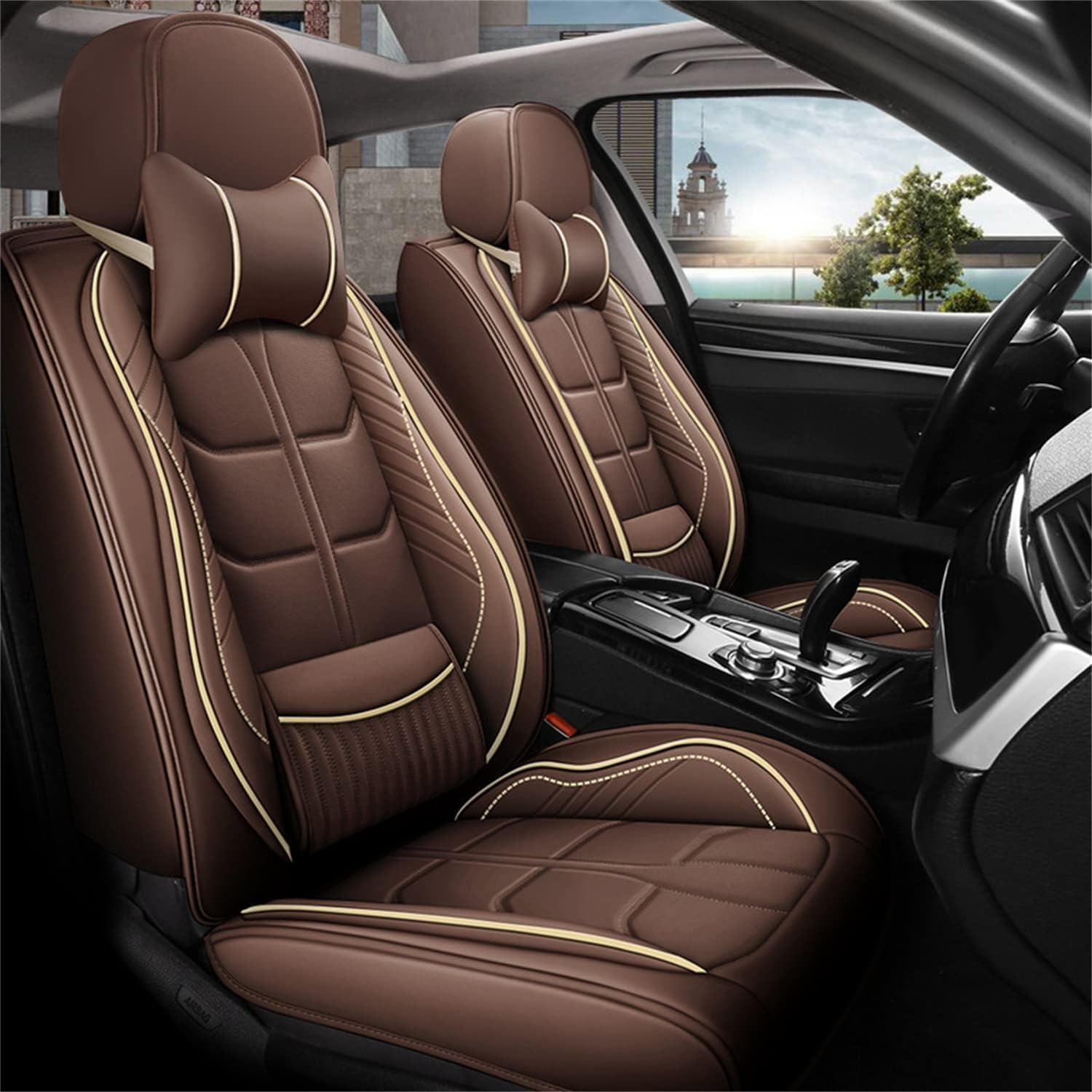 OWNA Autositzbezüge Sitzbezug Sets für Toyota RAV4 (XA50) 5. Gen 2020–present, Allwetter Rutschfester Vorder Und Rücksitzschutz Innenzubehör,A/Coffee-Withpillow von OWNA