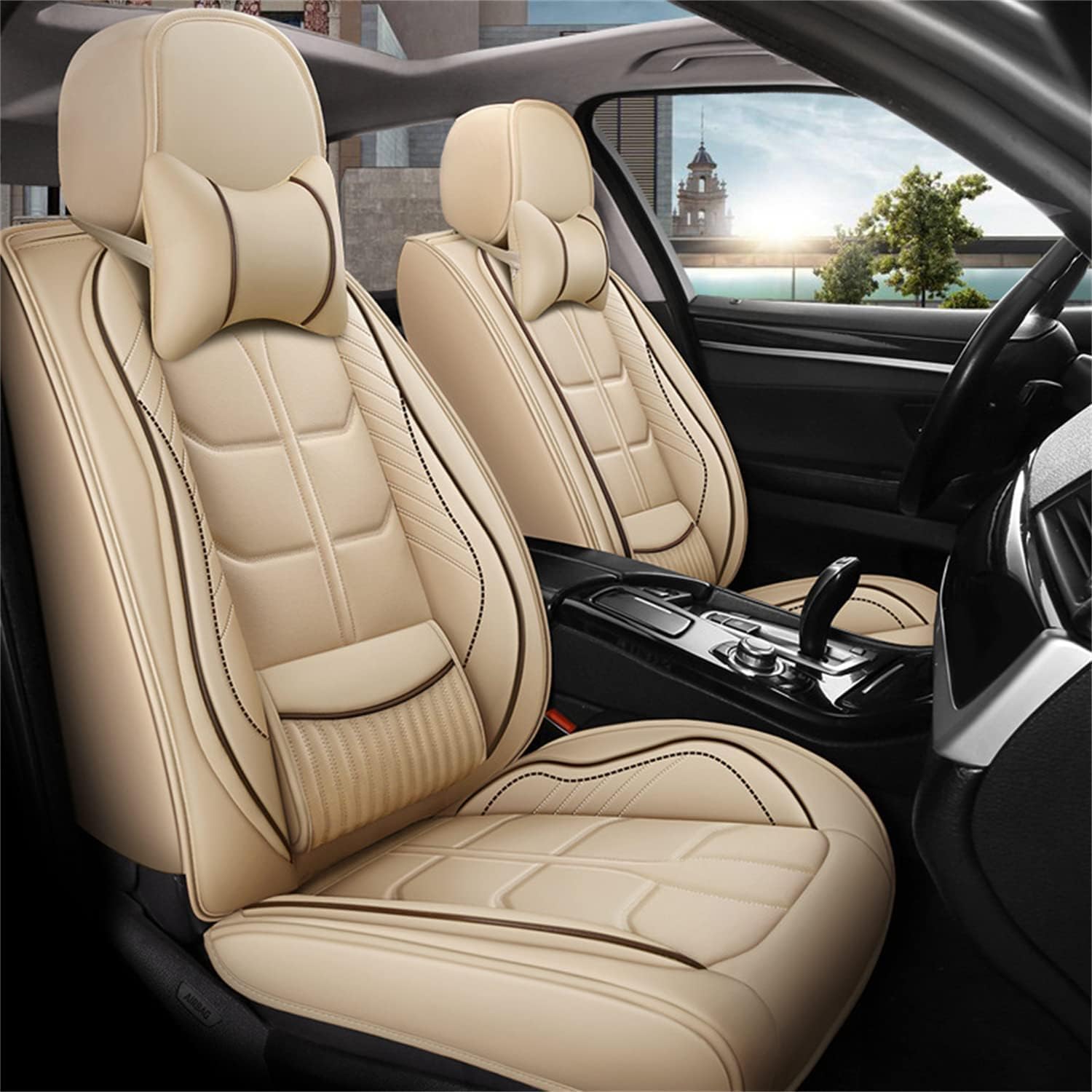 OWNA Autositzbezüge Sitzbezug Sets für Toyota Tundra (XK50) 2.Gen 2014–2021, Allwetter Rutschfester Vorder Und Rücksitzschutz Innenzubehör,A/Beige-Withpillow von OWNA