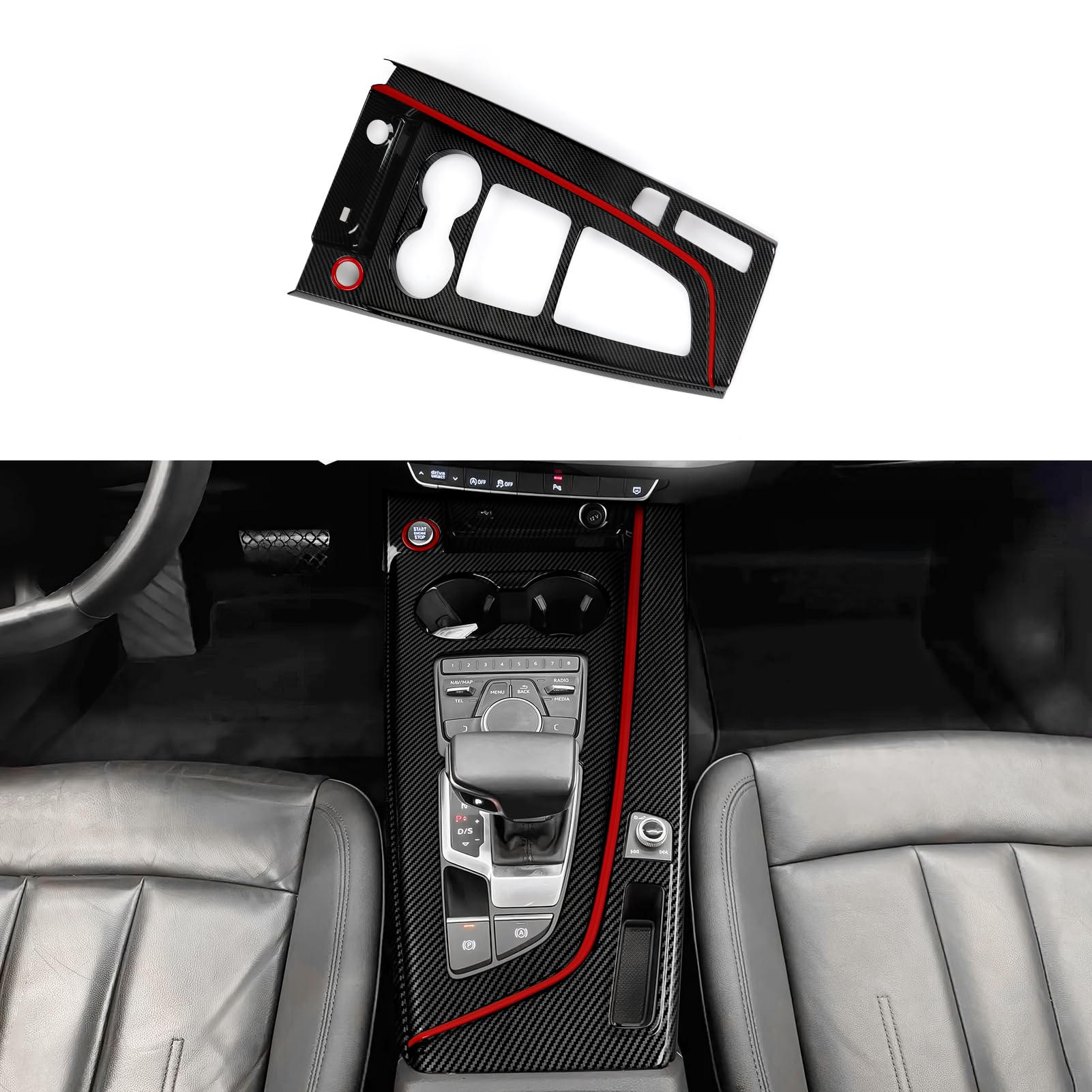 Auto Mittelkonsole Schalthebel Panel Aufkleber Abdeckung ABS Dekoration Cover Kohlefaser Trim Kompatibel mit Audi A4 A5 2017 2018 2019 Interieur Zubehör (Rote Linie) von OYDDL