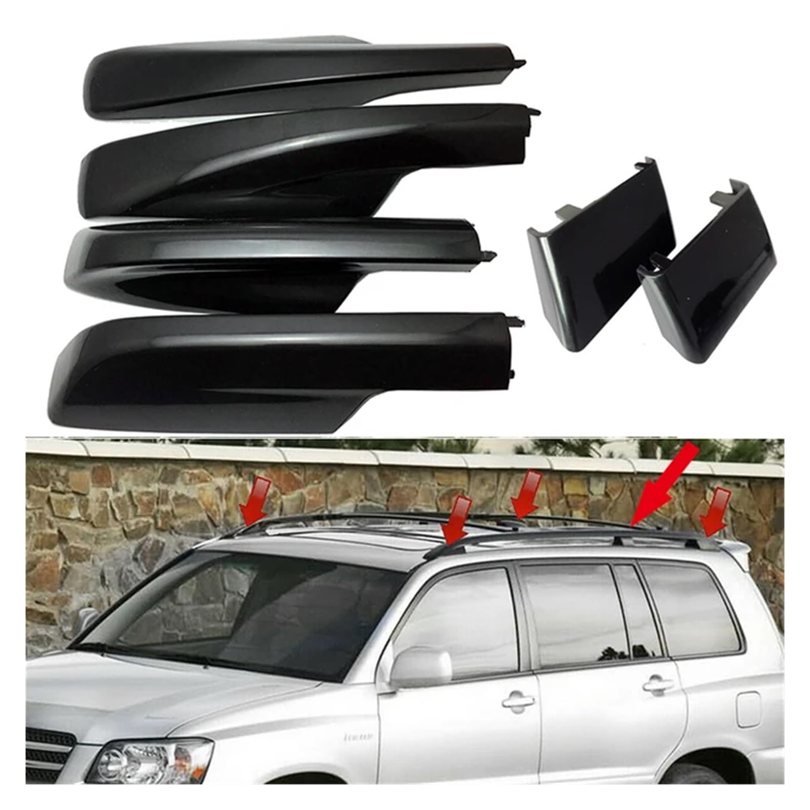 OYJXBD Kompatibel for Toyota Highlander 2001–2005 2006 2007, schwarzes Auto-Styling-Dachträger-Abdeckung, Mittelstange, Schienen-Endschale, 6P-Ersatzzubehör(6pcs) von OYJXBD