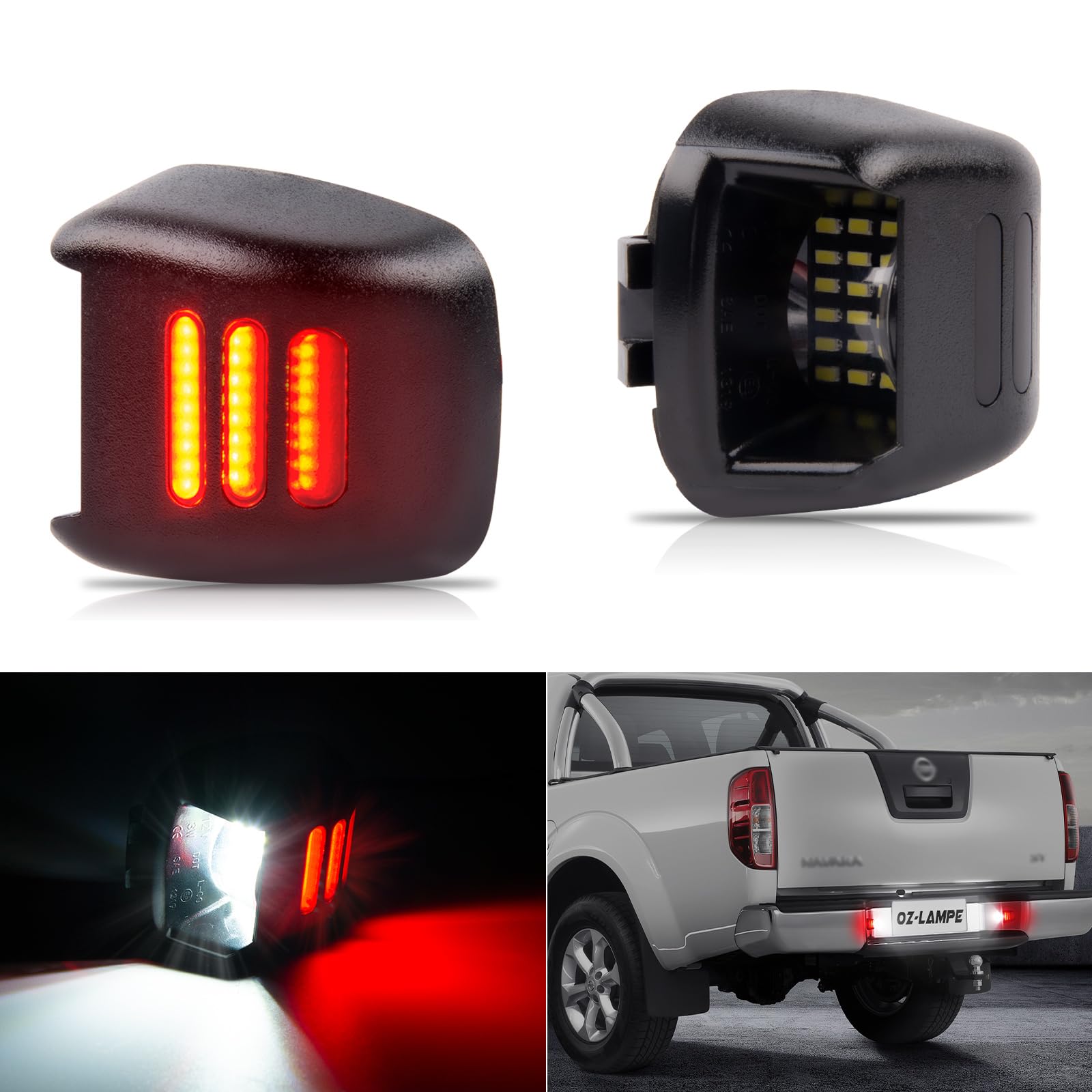 OZ-LAMPE LED Kennzeichenbeleuchtung für Navara D40 Frontier Armada Titan Xterra Suzuki Equator, Led Beleuchtung mit CAN-Bus, Rotes und weißes Licht Nummernschildbeleuchtung LED, 2 Stücke von OZ-LAMPE