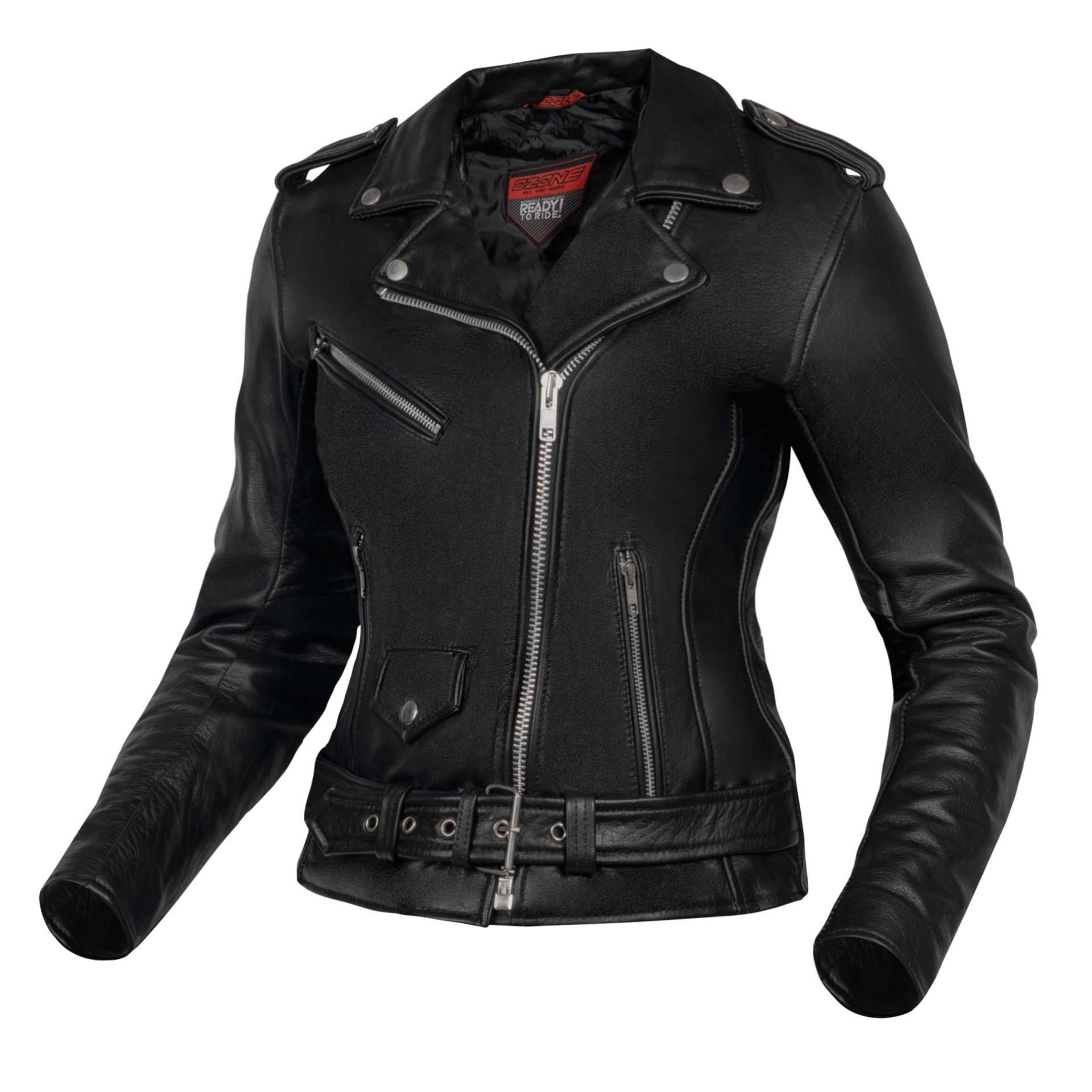 OZONE MOTO Classic Lady Motorradjacke Damen | Leder | Ellbogen und Schulterprotektoren | 5 Taschen | Taille Anpassung von OZONE MOTO