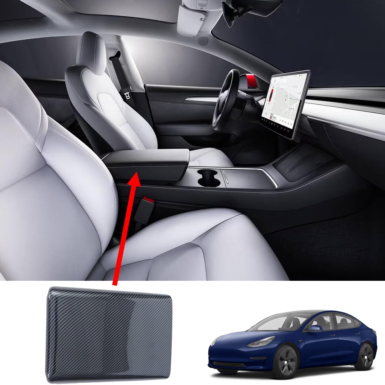 Car Central Control armrest Box Panel Cover，for Tesla Model 3 2023 2024 Accessories, Carbon Fiber Auto Armrest Cover Protector von OZSSLJJ