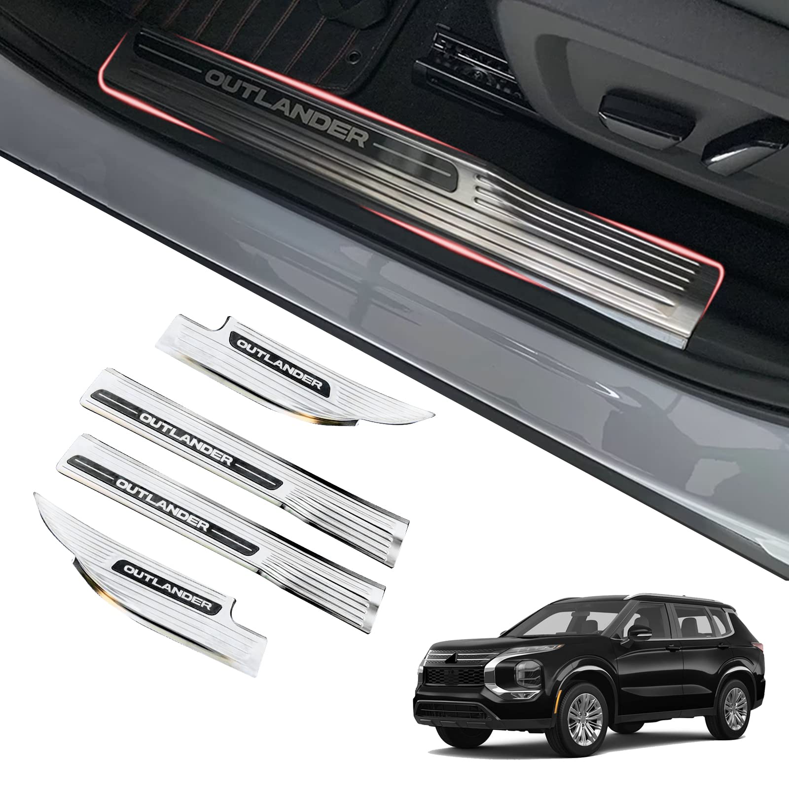 Car Door Sill Scuff Plate Guard Protector, for Mitsubishi Outlander 2022 2023, Stainless Steel Trim Cover Accessories(Inside) (Silver)(Black) von OZSSLJJ