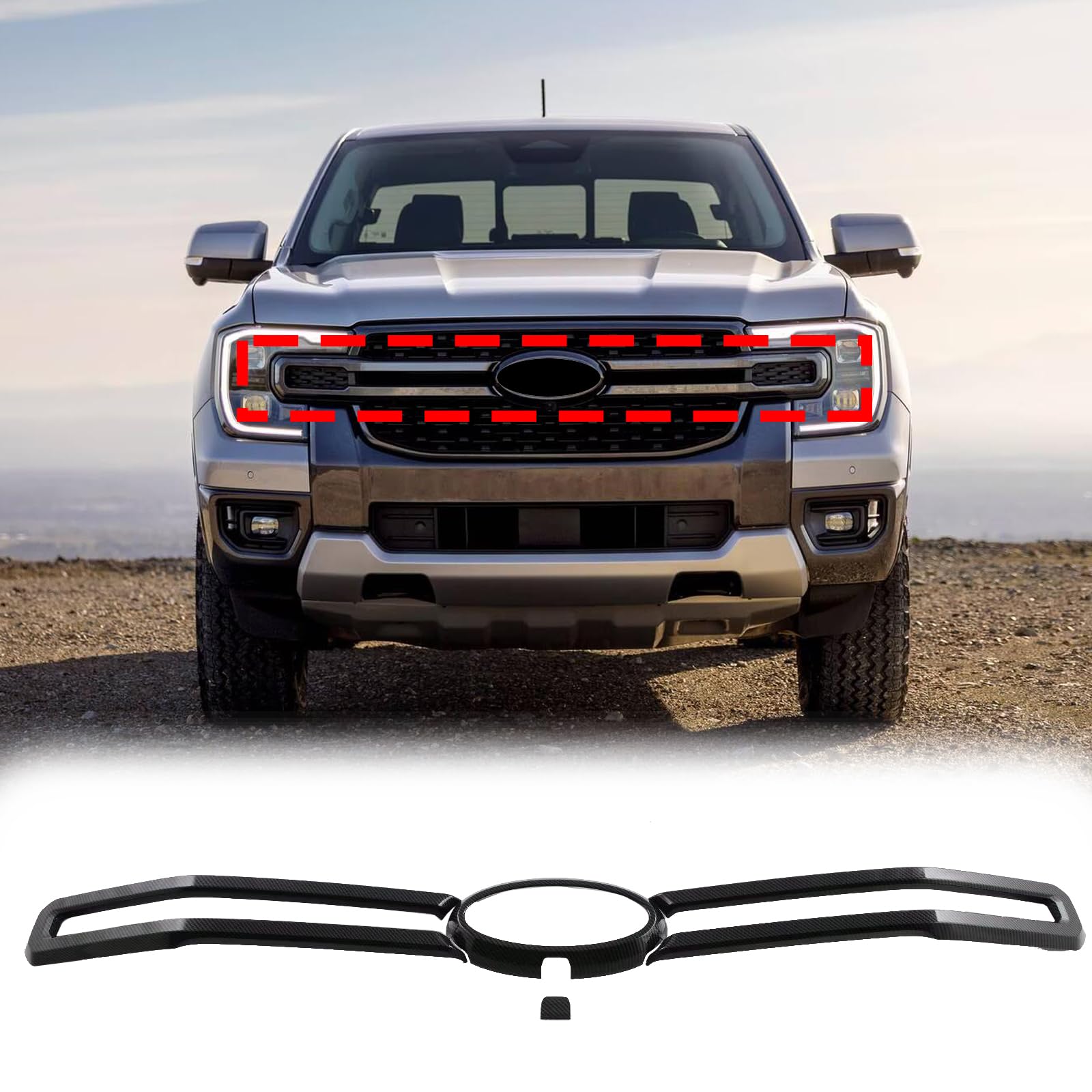 Front Grill Trims Protector Covers for Ford Ranger 2024 2025 Car Accessories, Carbon Fiber Trim Exterior Decorative Protector von OZSSLJJ