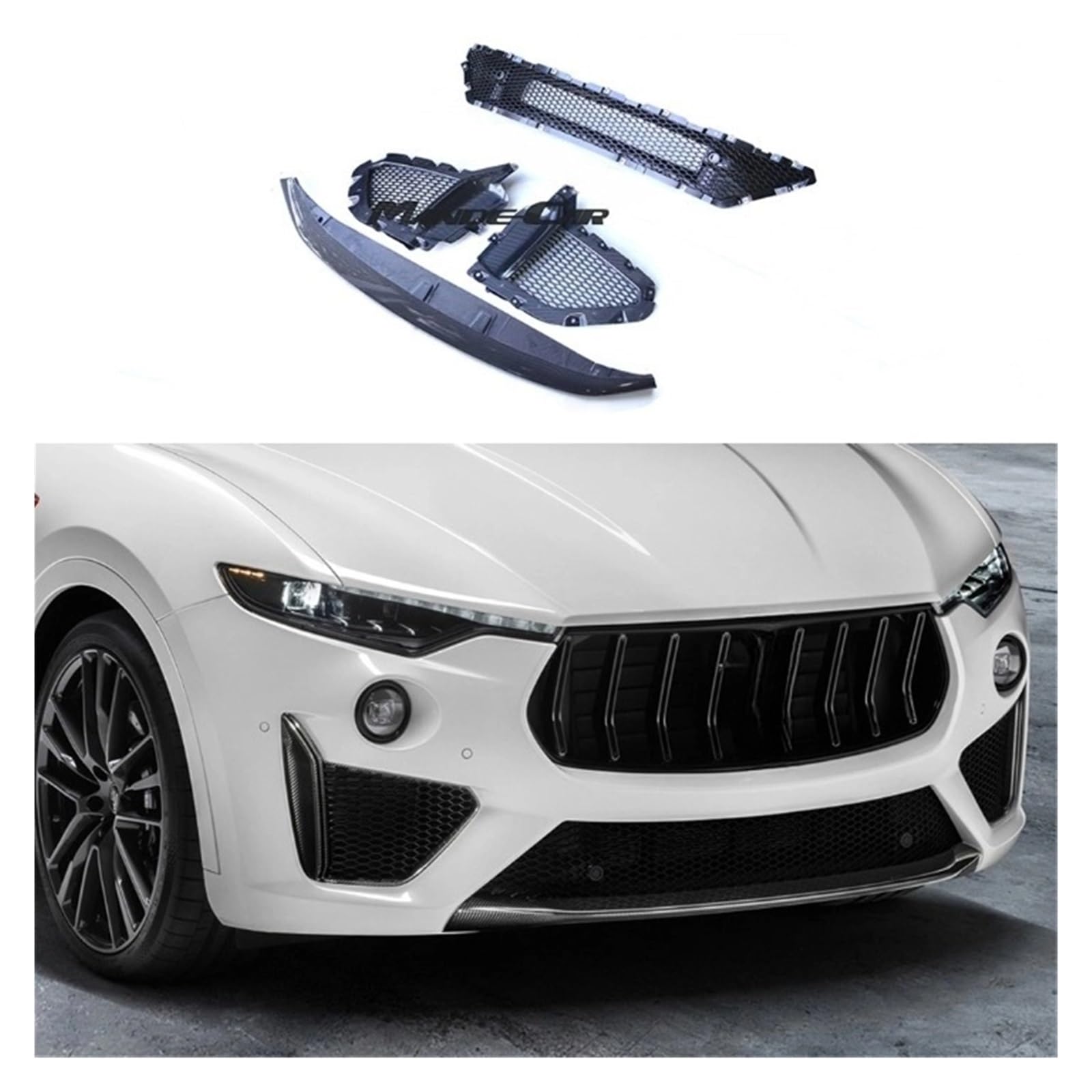 OZTSR Frontstoßstangen-Lippenspoiler, kompatibel for Maserati Levante 2016 2017 2018 2019 2020 2021 2022 2023 Modena Trofeo, Kohlefaser-Stoßfänger-Canards Lip Air Vent Mesh-Rahmenabdeckung(Full sets) von OZTSR