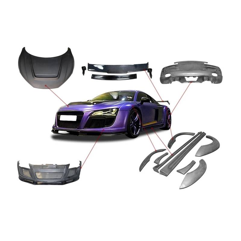 OZTSR Kompatibel for Audi R8 S-pyder GT V8 V10 2007 2008 2009 2010 2011 2012 2013 2014 2015 PPI Style Auto Frontlippe Stoßstange Splitter Seitenschweller Heckflügel Spoiler Haubenabdeckung BodyKits(Al von OZTSR