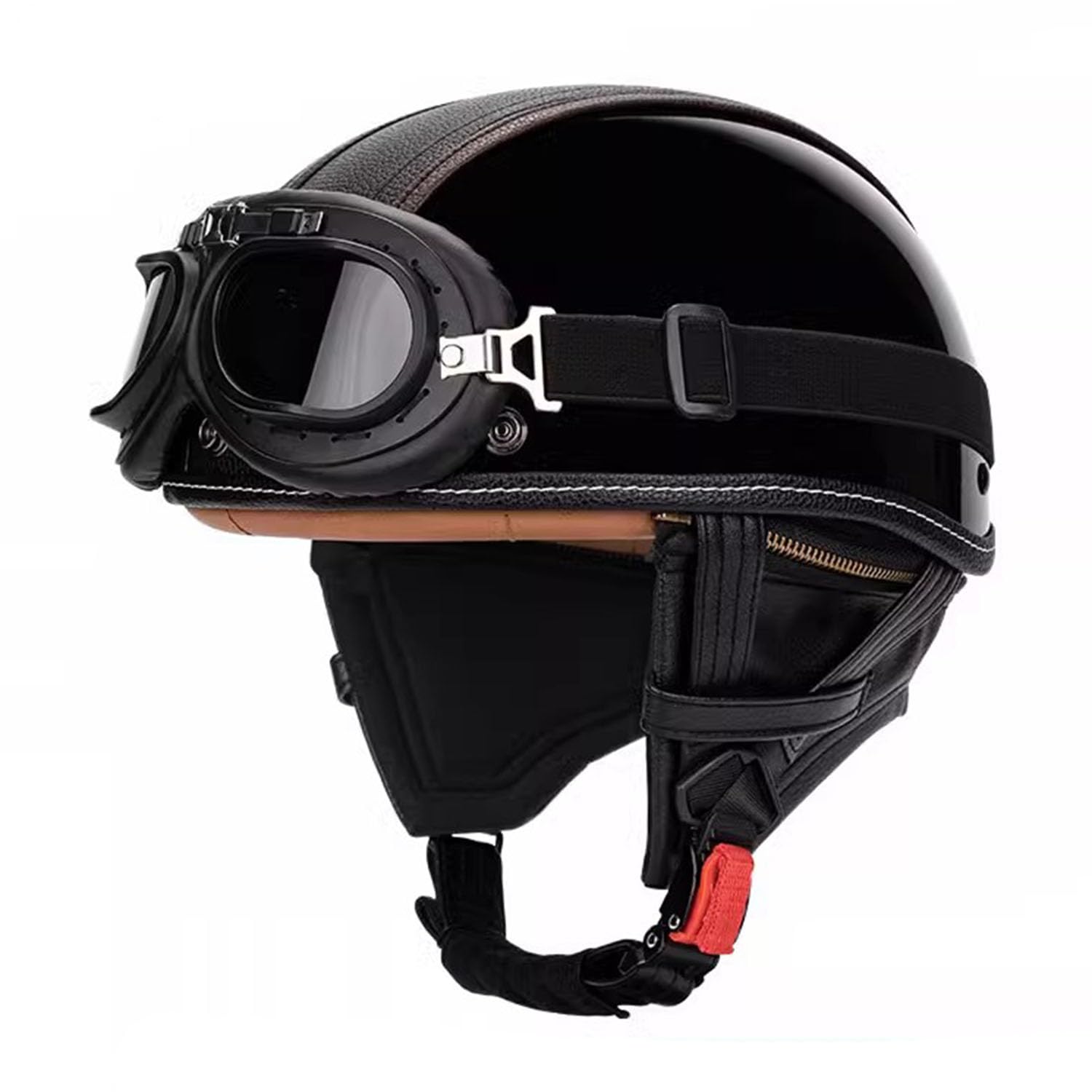 Motorrad Brain Cap Helme, Mit Schutzbrille Motorrad Halbhelme, Retro Motorradhelm Herren Damen, Motorrad Offener Helme DOT/ECE-Zulassung, PU-Leder Open Face Helme Für Cruiser Chopper ,M=(57-58cm),CC von OZXDKJ